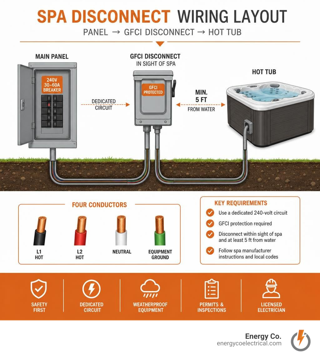 spa disconnect wiring layout with panel GFCI disconnect and hot tub infographic