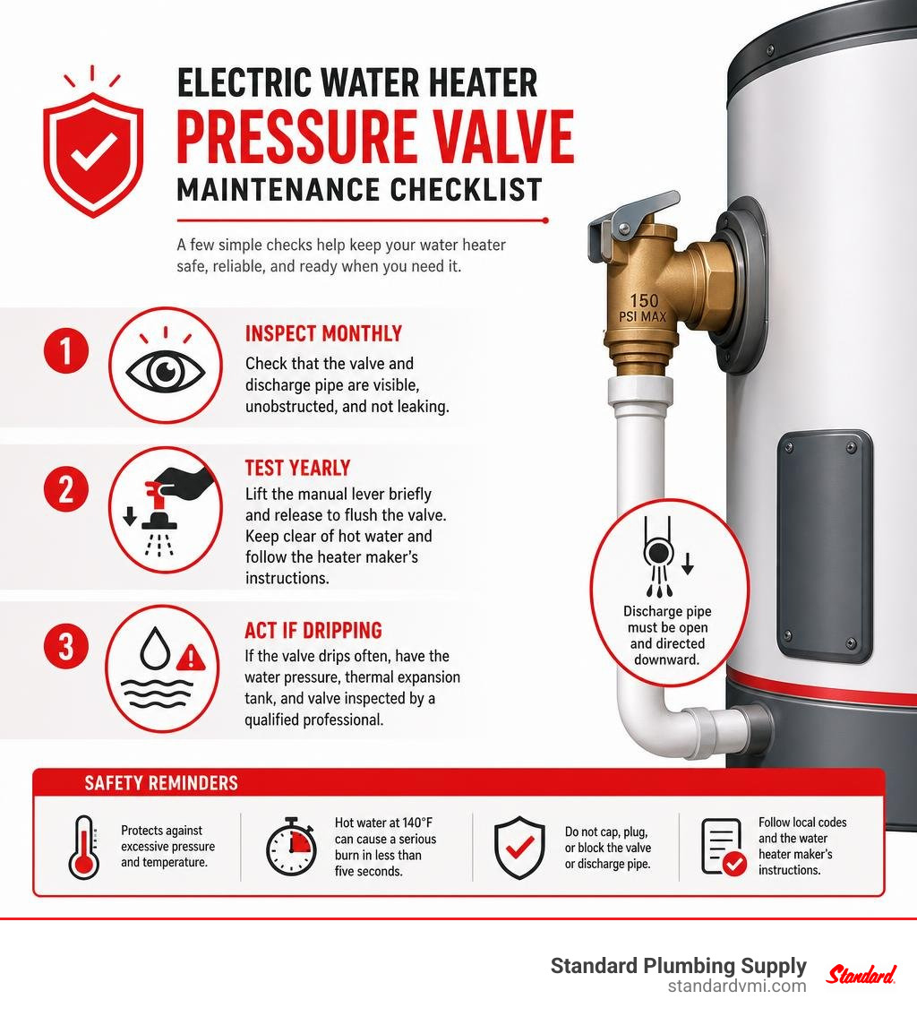 Electric water heater pressure valve maintenance checklist infographic