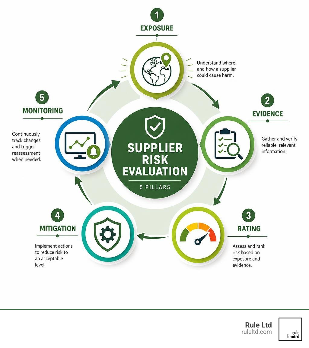 Infographic showing supplier risk evaluation pillars: exposure, evidence, rating, mitigation, monitoring infographic Infographic showing supplier risk evaluation pillars: exposure, evidence, rating, mitigation, monitoring infographic