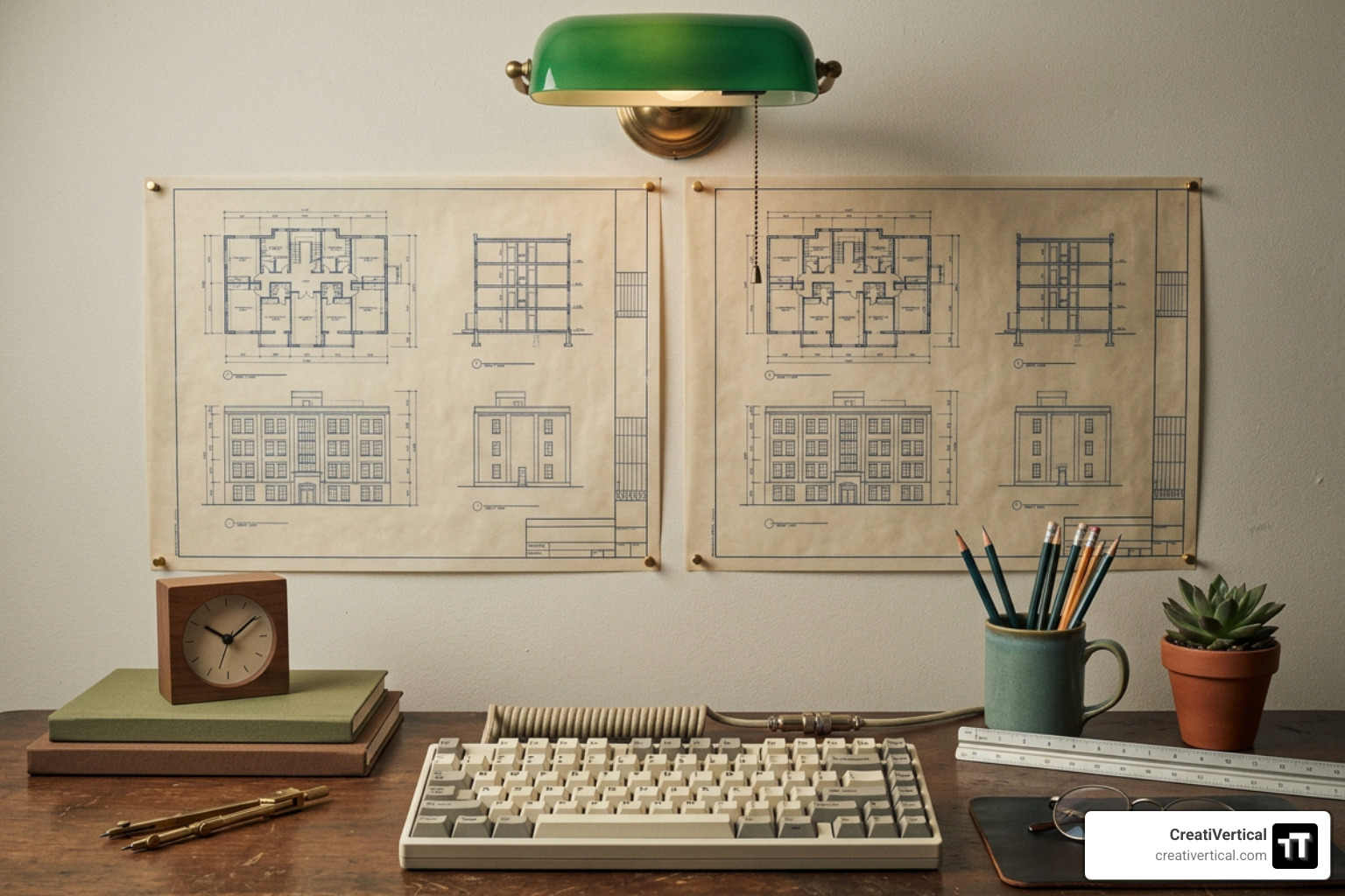 Vintage desktop workspace with mechanical keyboard and analog architectural schematics