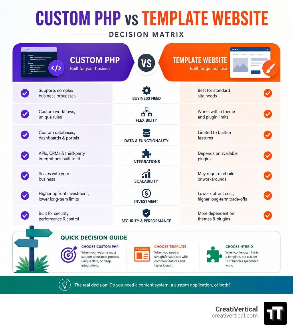 Custom PHP versus template website decision matrix infographic