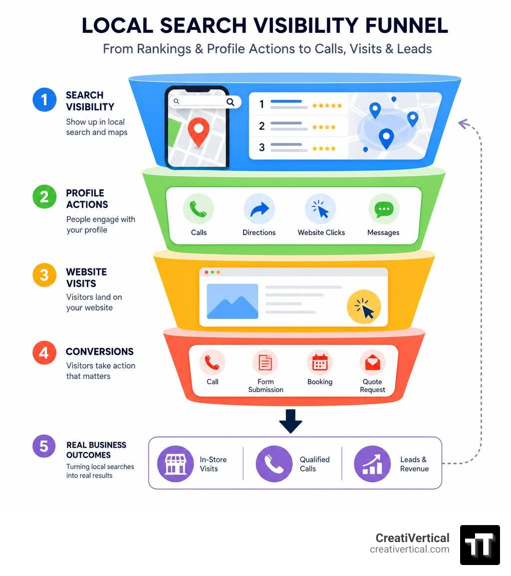 Local search visibility funnel from rankings and profile actions to calls, visits, and leads infographic