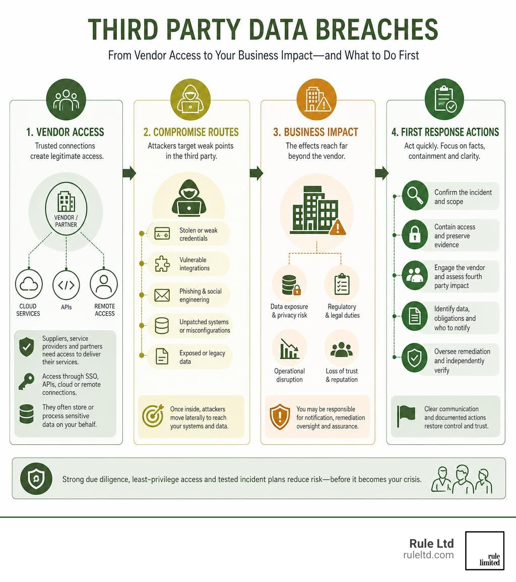 Infographic showing vendor access, compromise routes, business impact and first response actions infographic Infographic showing vendor access, compromise routes, business impact and first response actions infographic