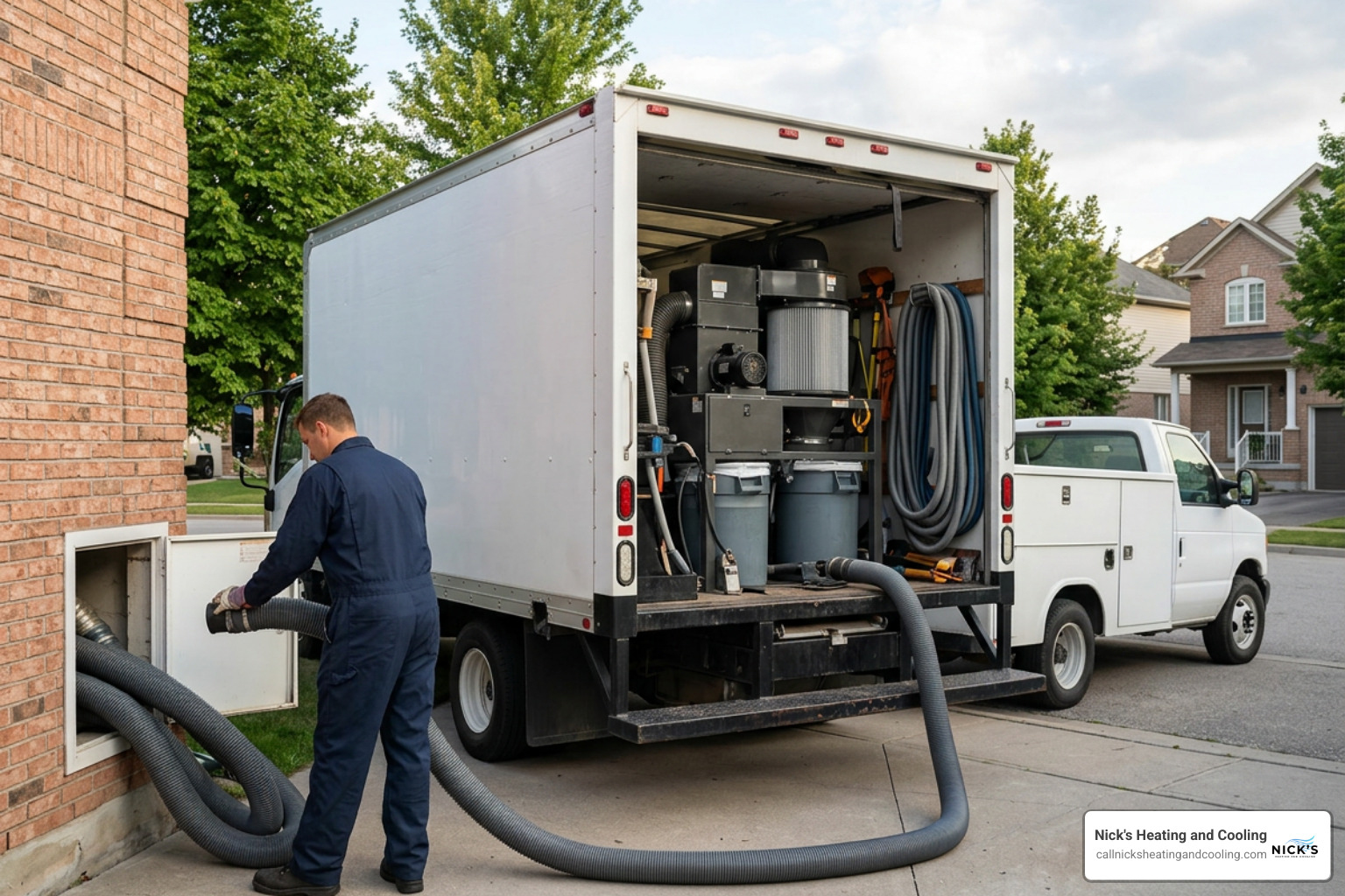 Truck mounted high powered negative air vacuum system during duct cleaning Truck mounted high powered negative air vacuum system during duct cleaning