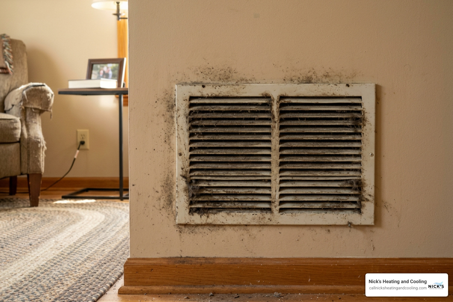 Dusty vent registers and contaminated return grilles in a residential home Dusty vent registers and contaminated return grilles in a residential home