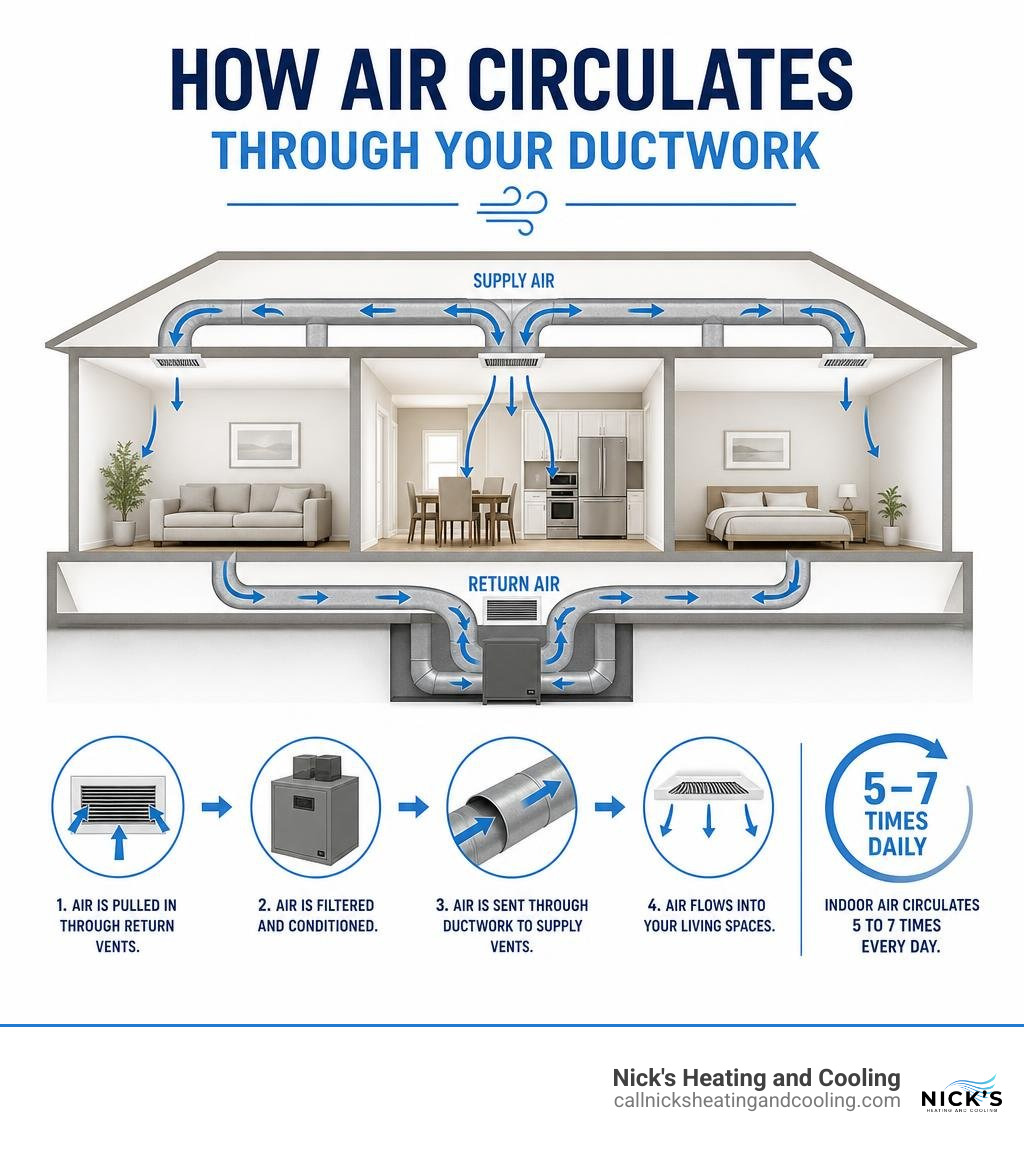 Infographic explaining how air circulates through residential ductwork 5 to 7 times daily infographic Infographic explaining how air circulates through residential ductwork 5 to 7 times daily infographic