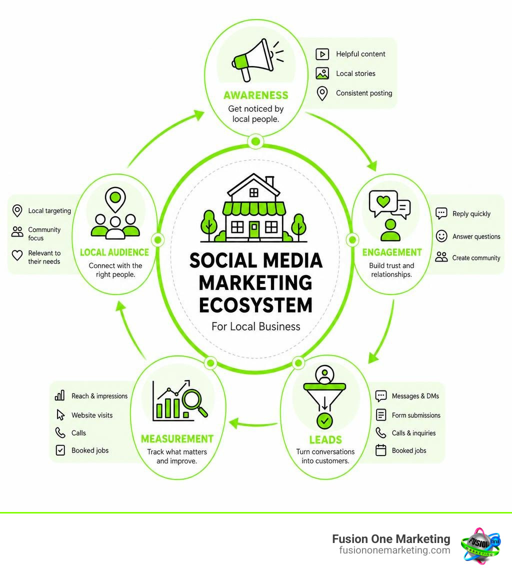 Social media marketing ecosystem for local business awareness engagement leads and measurement infographic