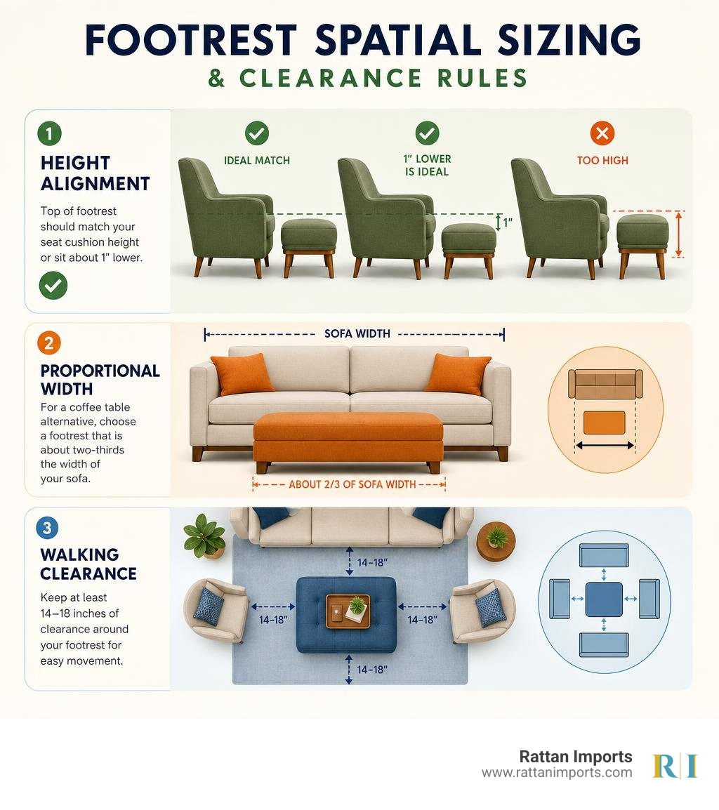 Infographic of spatial sizing and clearance rules for footrests infographic