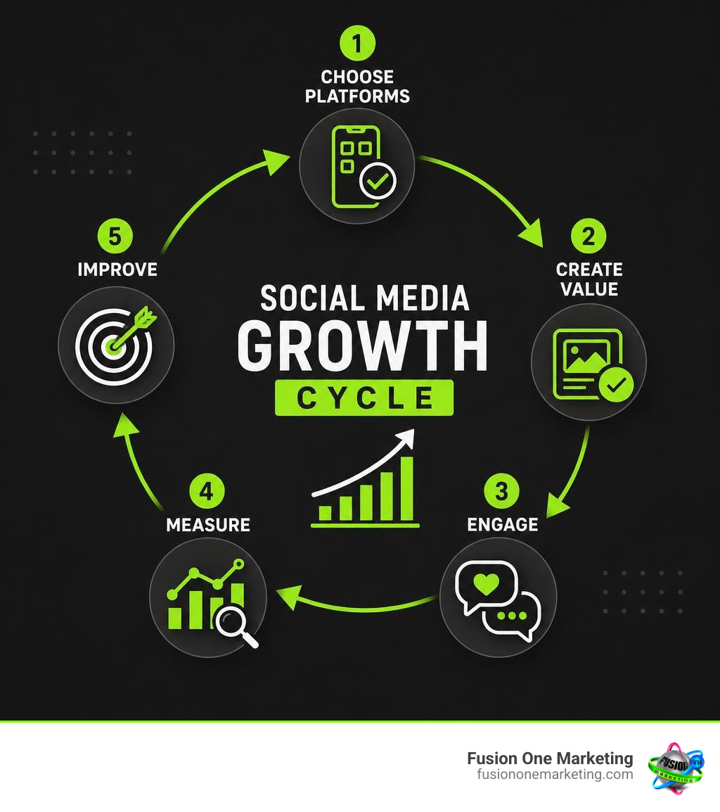 Social media growth cycle: choose platforms, create value, engage, measure, improve infographic Social media growth cycle: choose platforms, create value, engage, measure, improve infographic