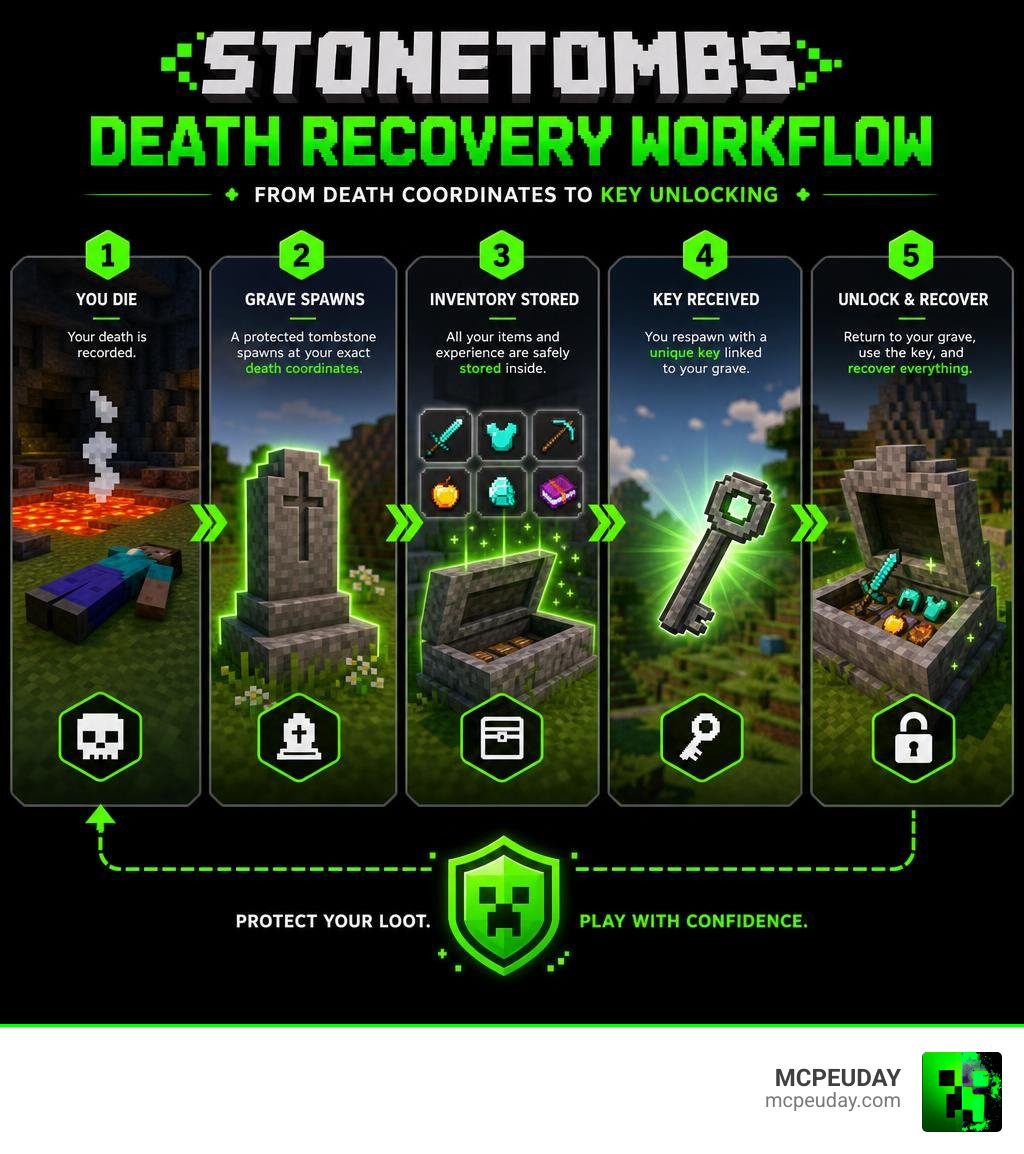 StoneTombs death recovery workflow from death coordinates to key unlocking infographic