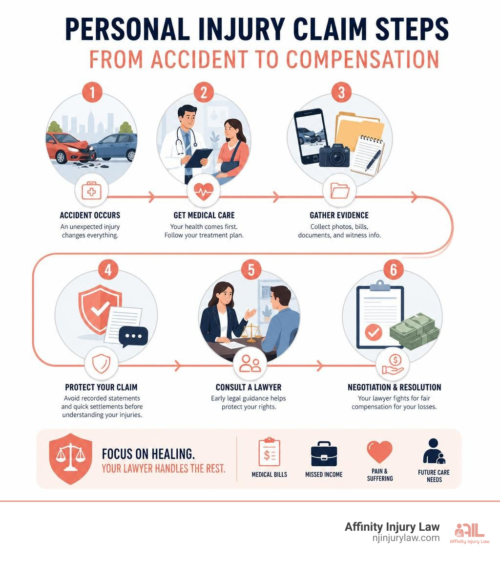 Personal injury claim steps from accident to compensation infographic Personal injury claim steps from accident to compensation infographic