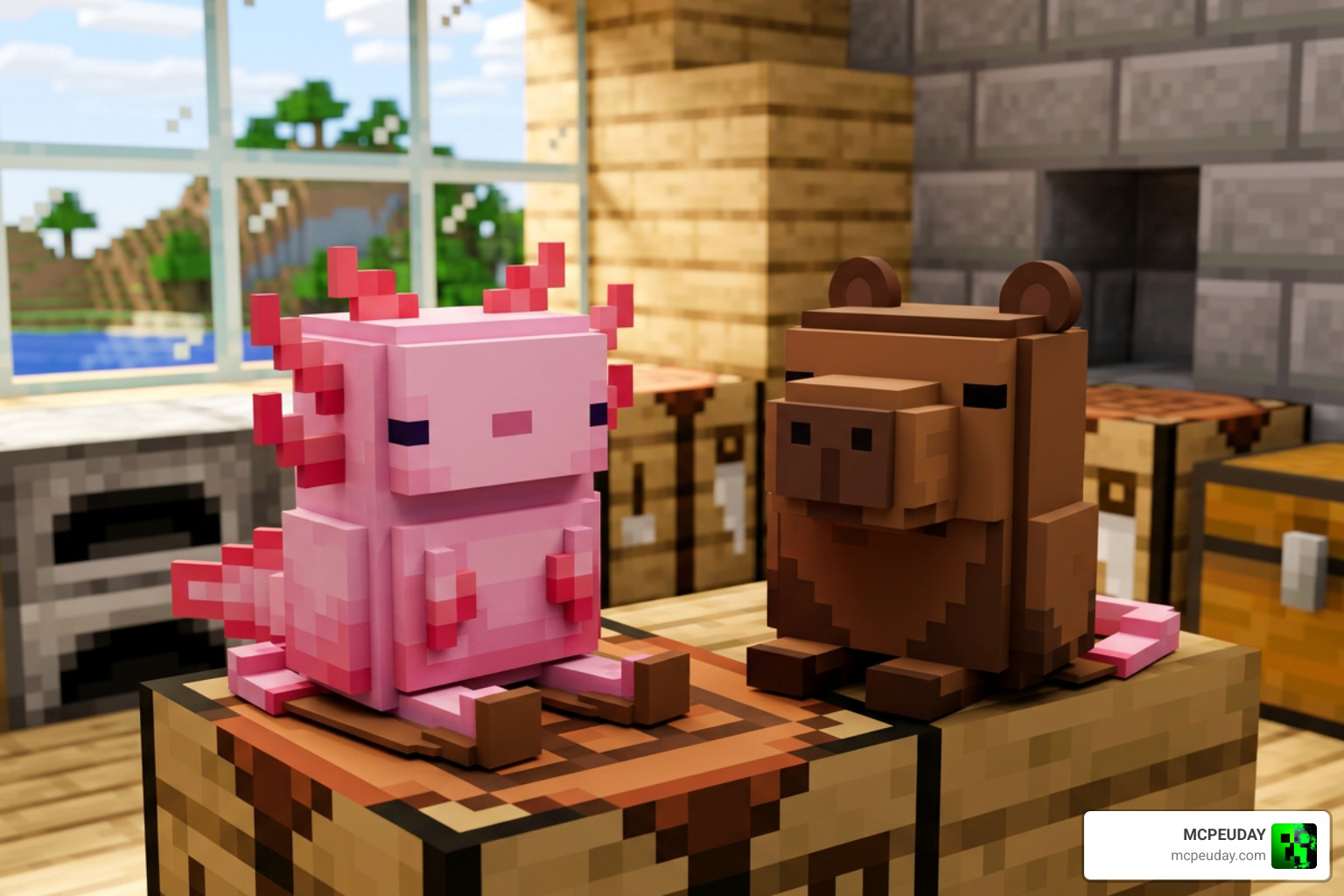 Custom mob themed backpack cosmetic variants including Axolotl and Capybara