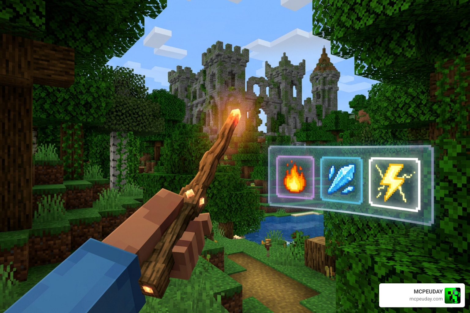 Magic wand interface and spell selection HUD in Minecraft Bedrock