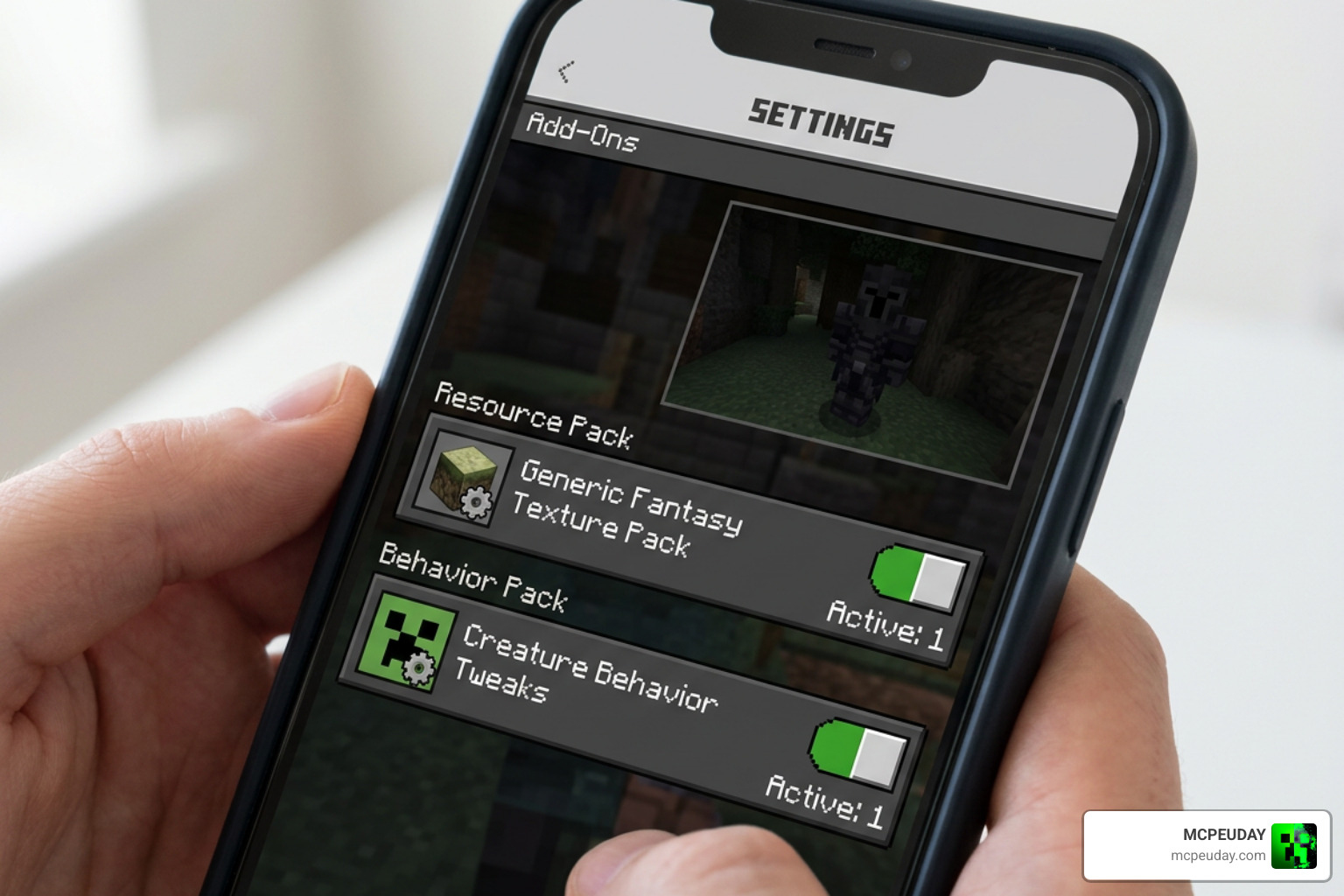 Minecraft Bedrock addon activation screen settings