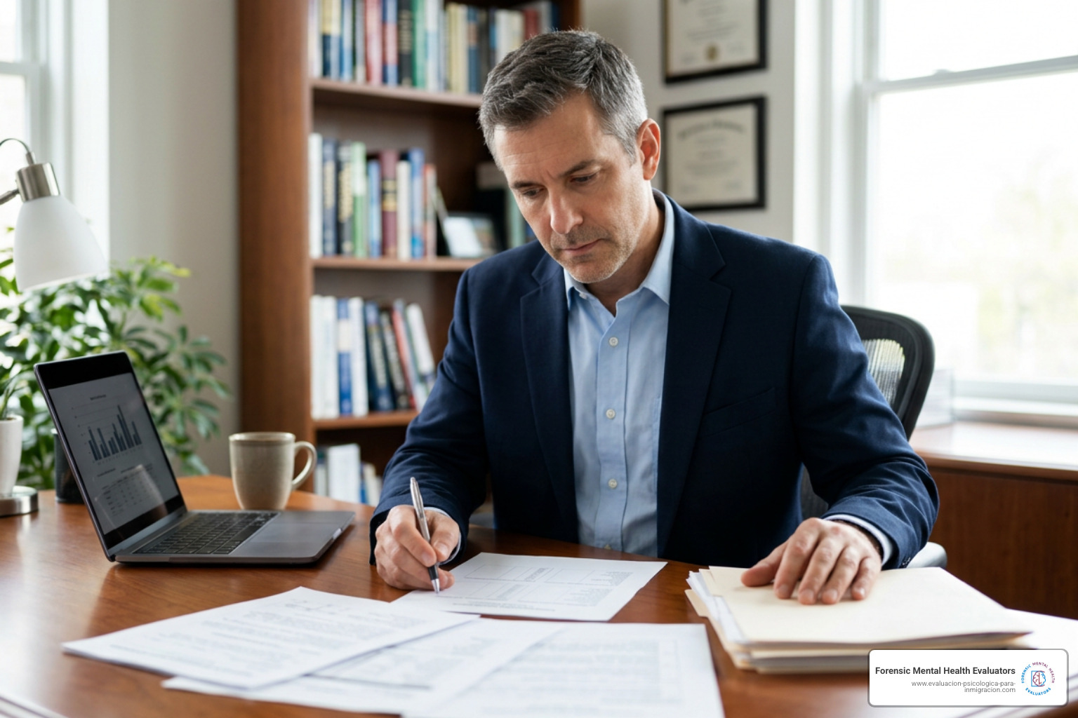 Psychologist analyzing evaluation documents and testing protocols