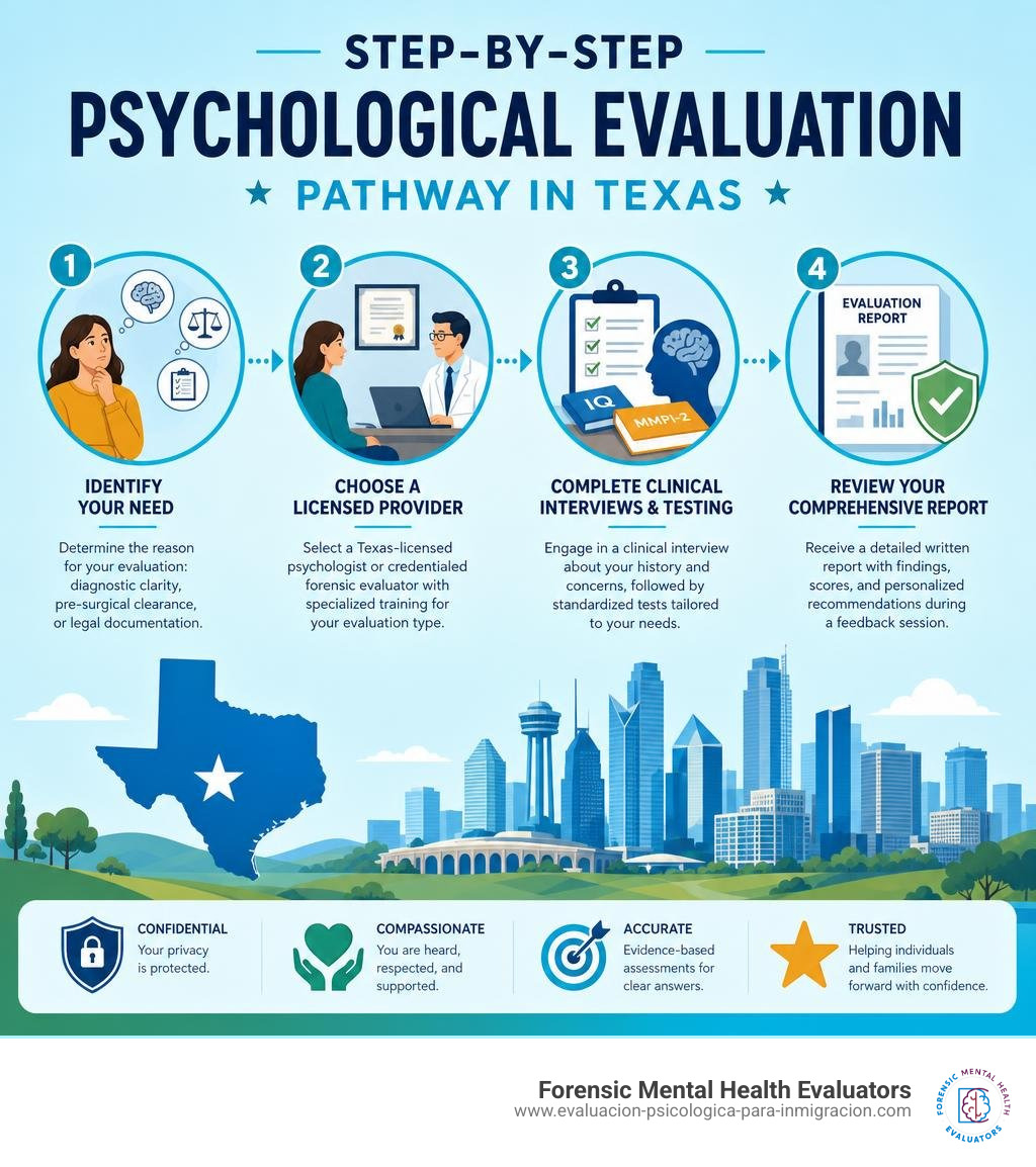 Step-by-step psychological evaluation pathway in Texas infographic