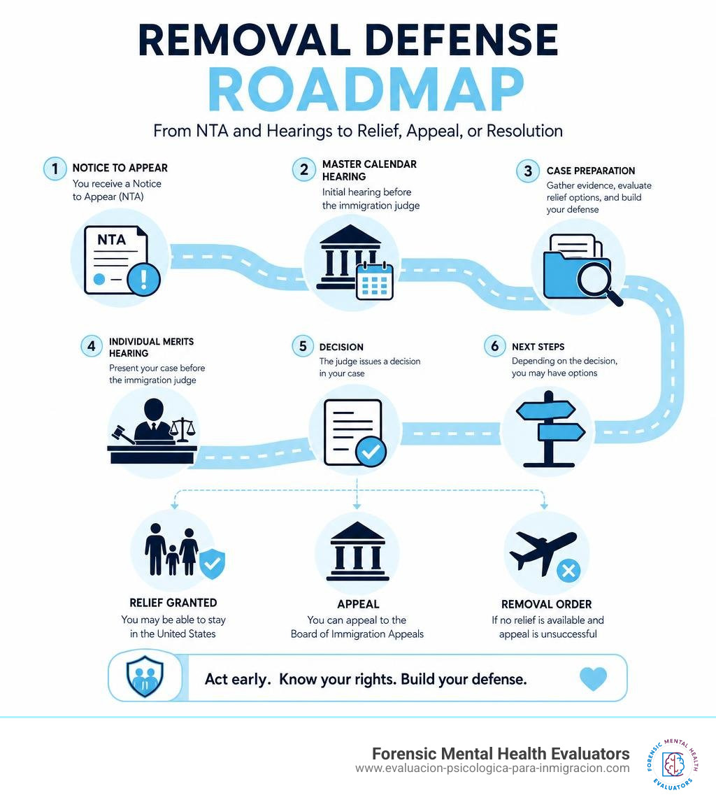 Removal defense roadmap from NTA and hearings to relief, appeal, or resolution infographic Removal defense roadmap from NTA and hearings to relief, appeal, or resolution infographic