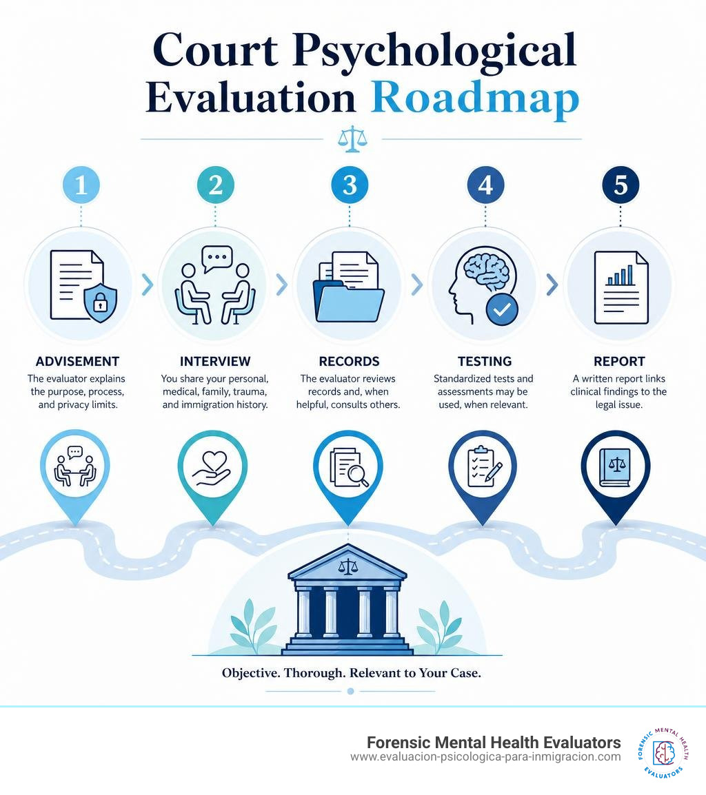Court psychological evaluation roadmap: advisement, interview, records, testing, report infographic Court psychological evaluation roadmap: advisement, interview, records, testing, report infographic