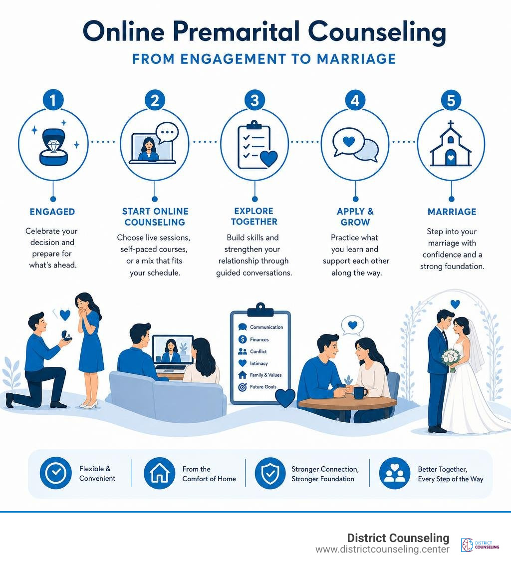 Infographic showing online premarital counseling steps from engagement to marriage infographic