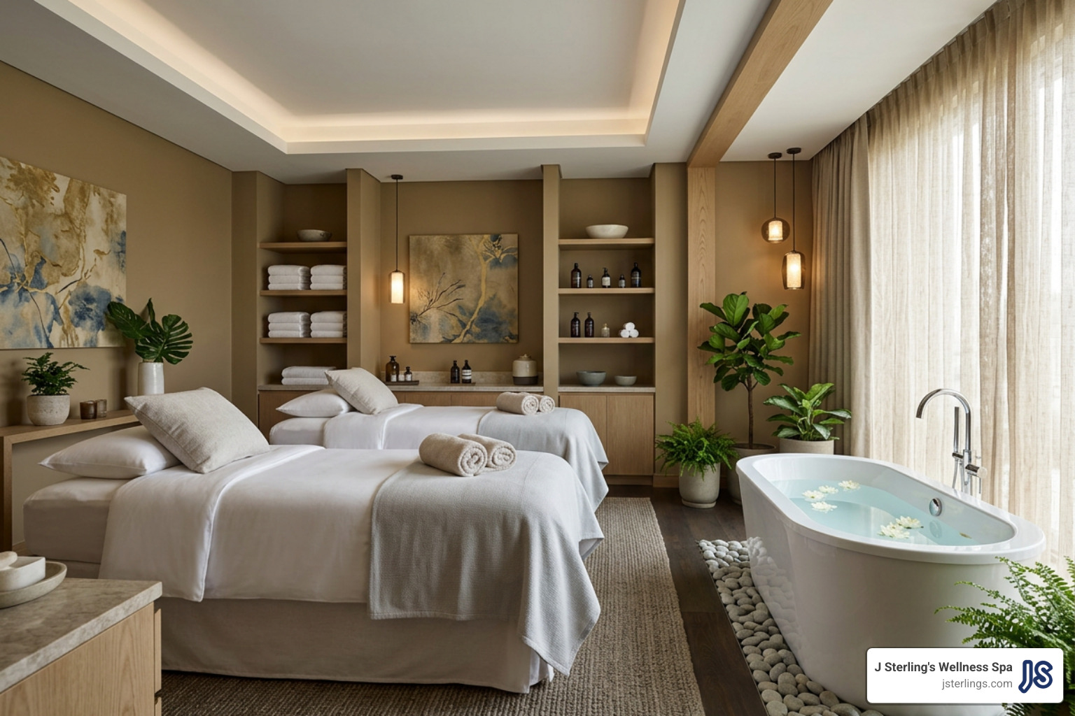Private spa suite with dual treatment beds and a luxury soaking tub Private spa suite with dual treatment beds and a luxury soaking tub