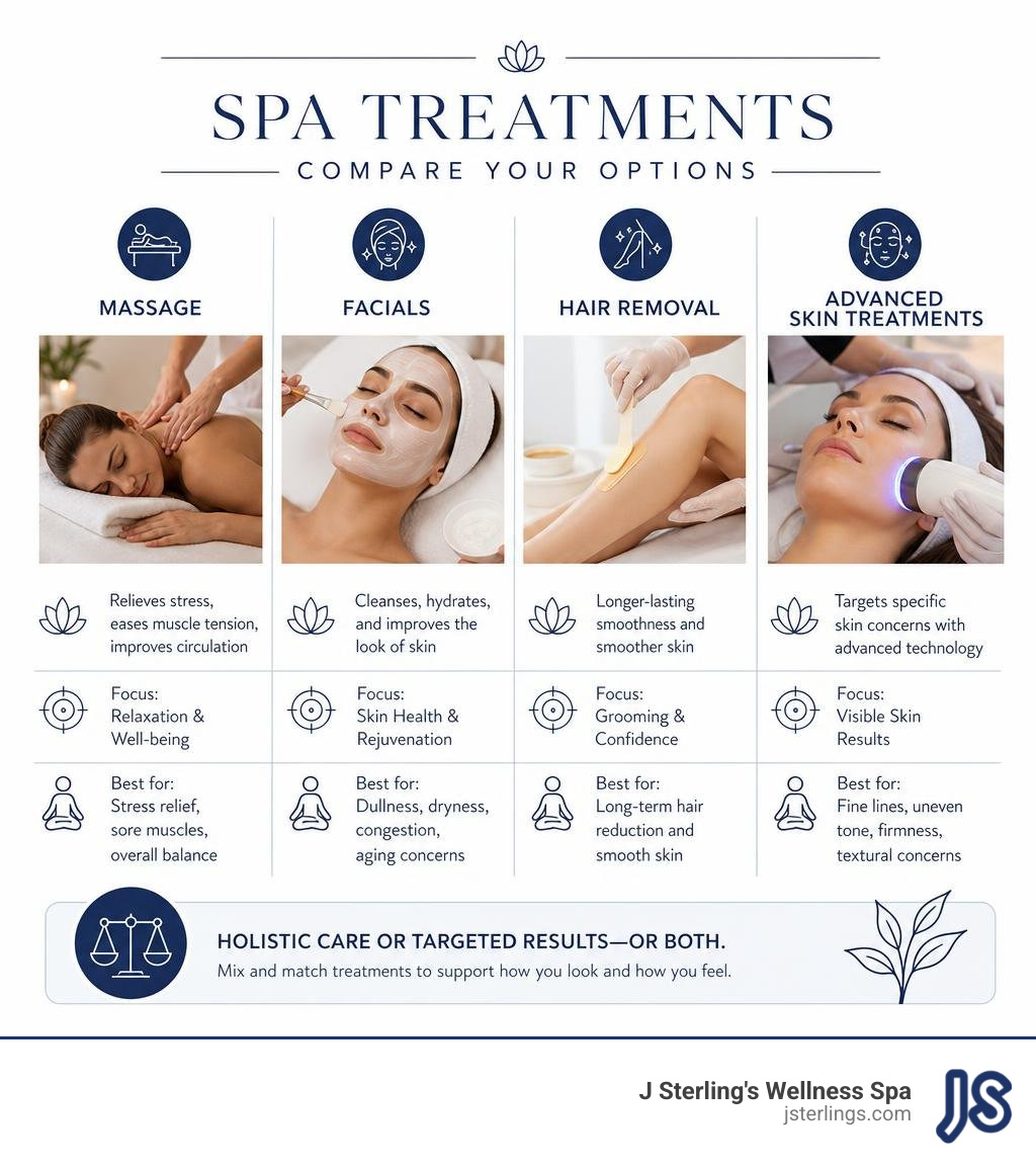 Infographic comparing massage, facials, hair removal, and advanced skin treatments infographic Infographic comparing massage, facials, hair removal, and advanced skin treatments infographic