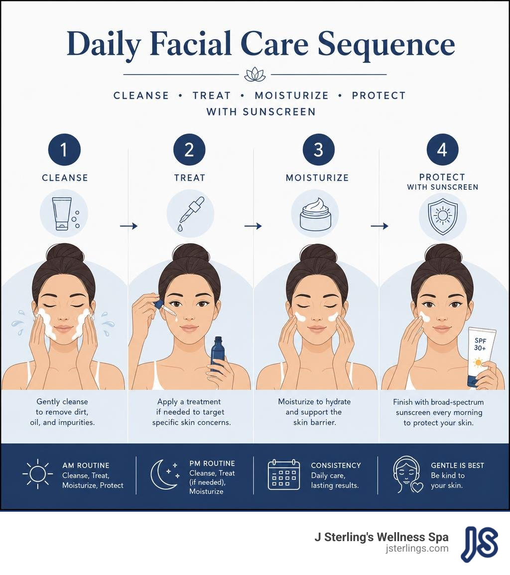 Daily facial care sequence: cleanse, treat, moisturize, protect with sunscreen infographic Daily facial care sequence: cleanse, treat, moisturize, protect with sunscreen infographic