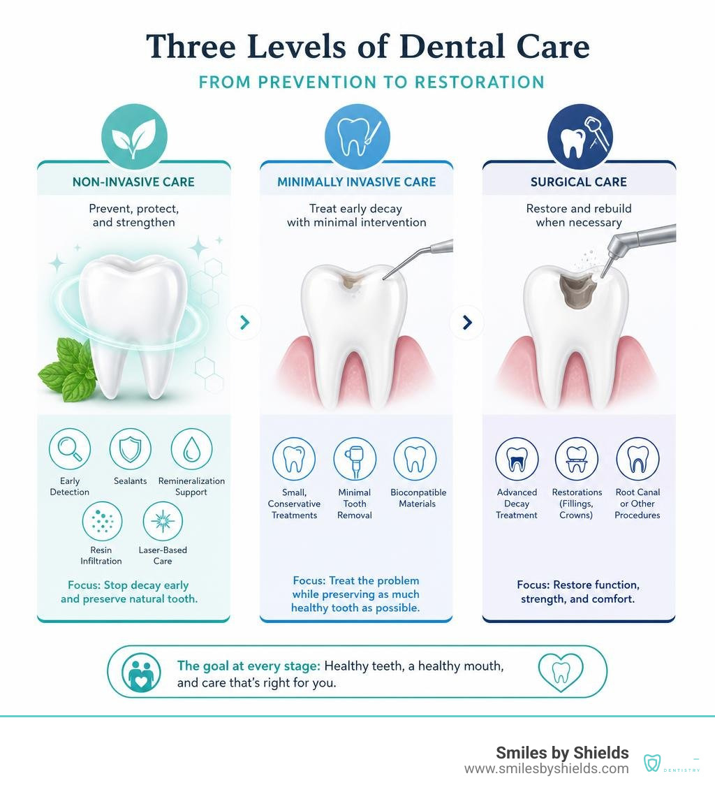 Infographic showing non-invasive, minimally invasive, and surgical dental care options infographic Infographic showing non-invasive, minimally invasive, and surgical dental care options infographic