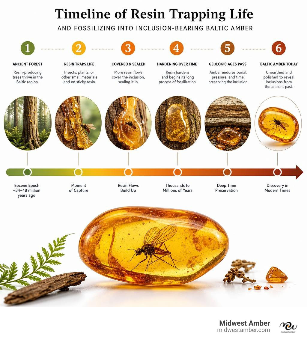 Timeline of resin trapping life and fossilizing into inclusion-bearing Baltic amber infographic