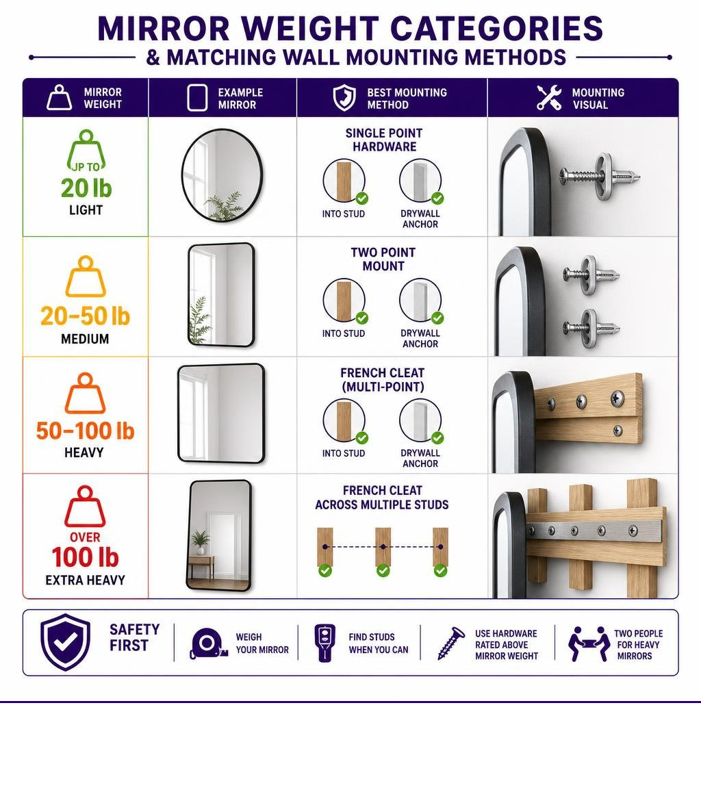 Mirror weight categories and matching wall mounting methods infographic