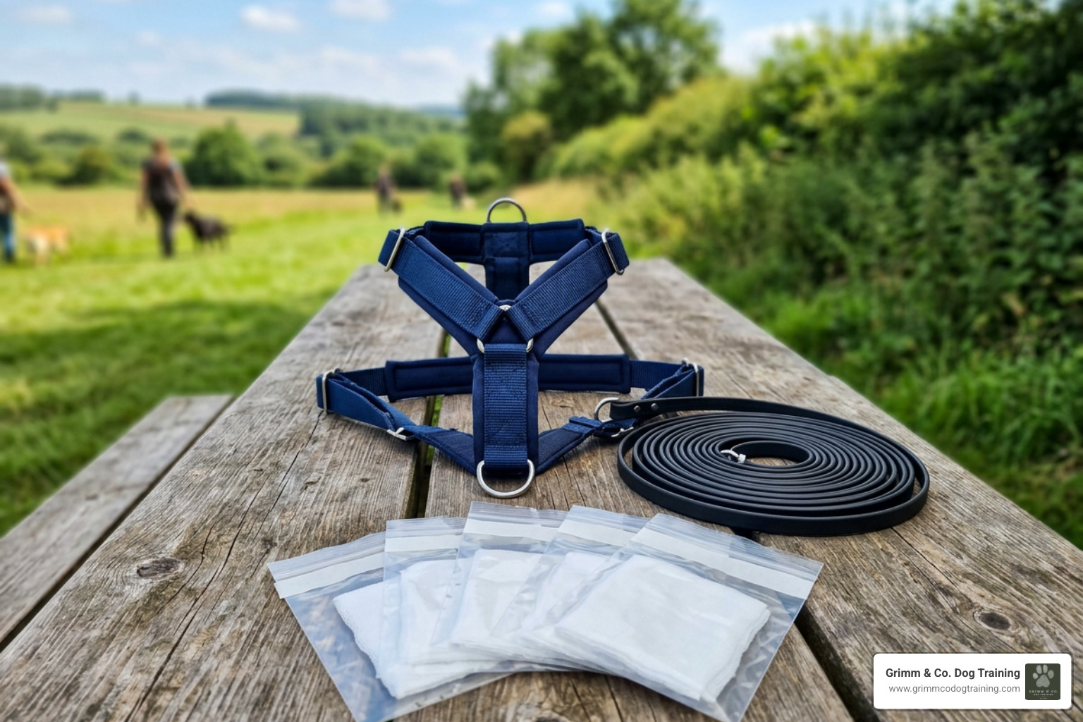 Essential mantrailing equipment: Y-front harness, long line, scent collection bags Essential mantrailing equipment: Y-front harness, long line, scent collection bags