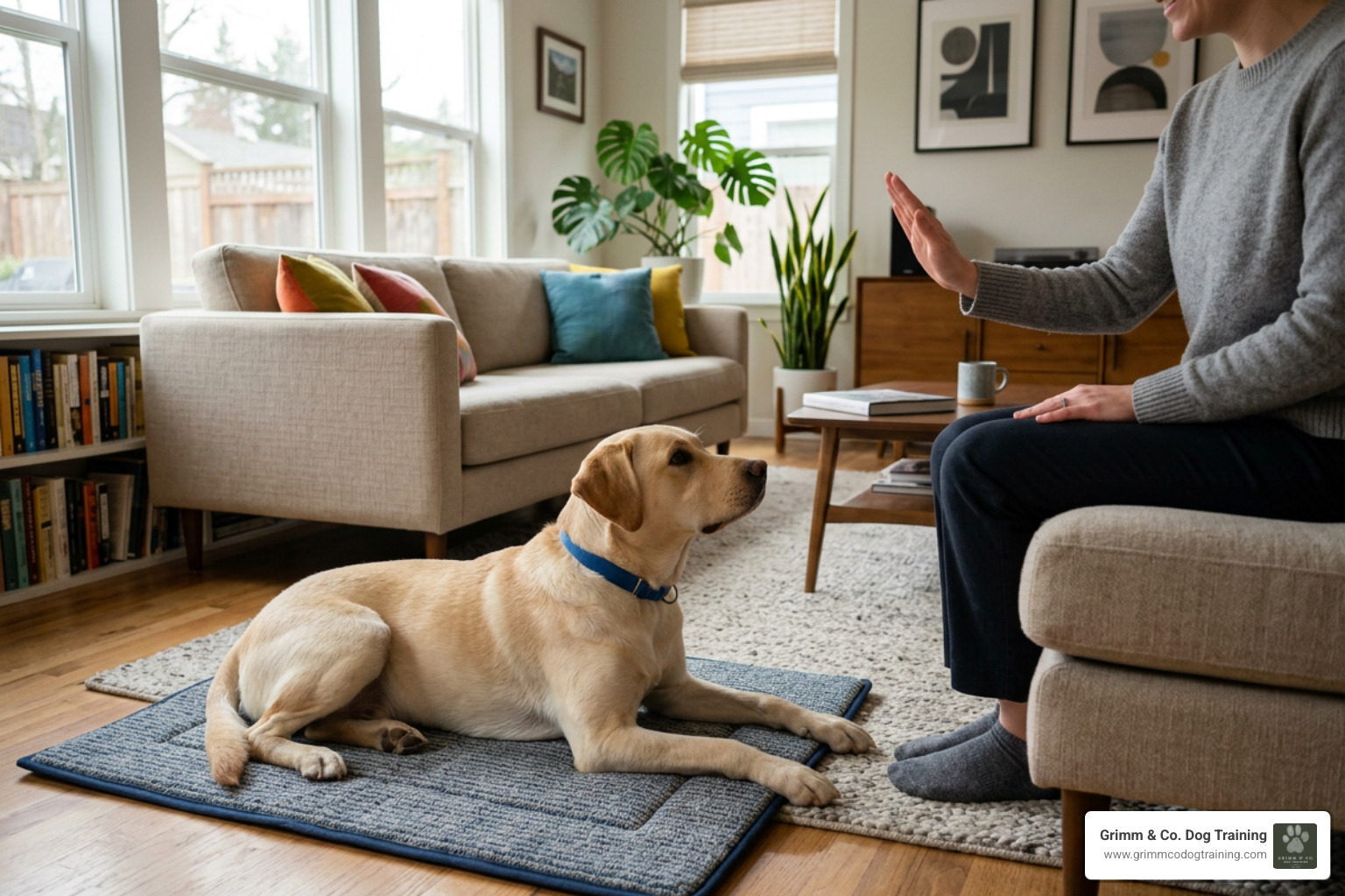 adolescent dog practicing calm place command in living room adolescent dog practicing calm place command in living room