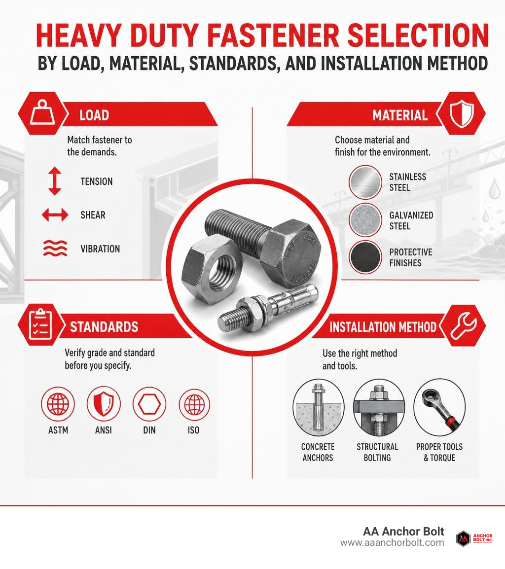 Heavy duty fastener selection by load, material, standards, and installation method infographic Heavy duty fastener selection by load, material, standards, and installation method infographic
