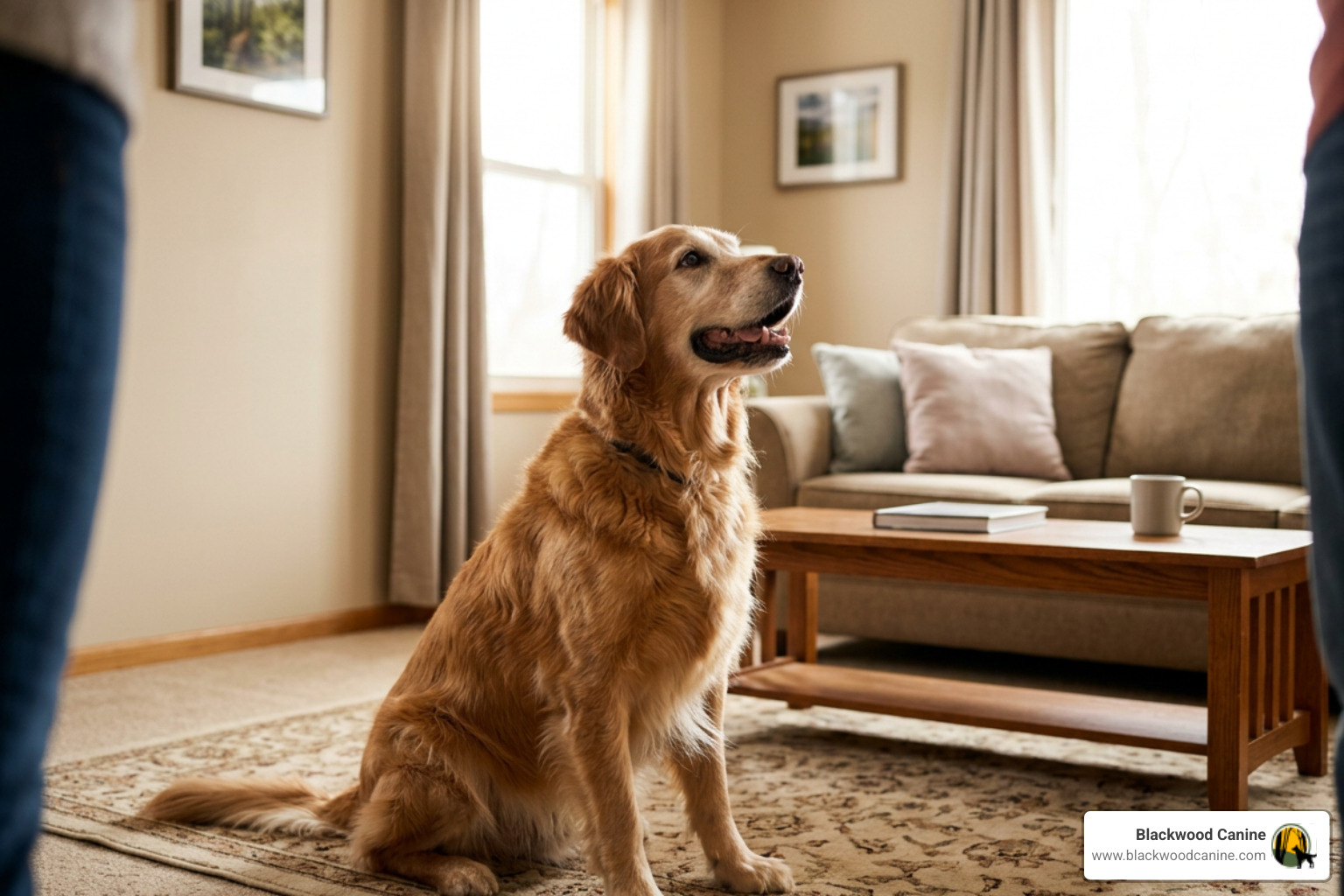 older dog happily performing obedience drills in a living room older dog happily performing obedience drills in a living room