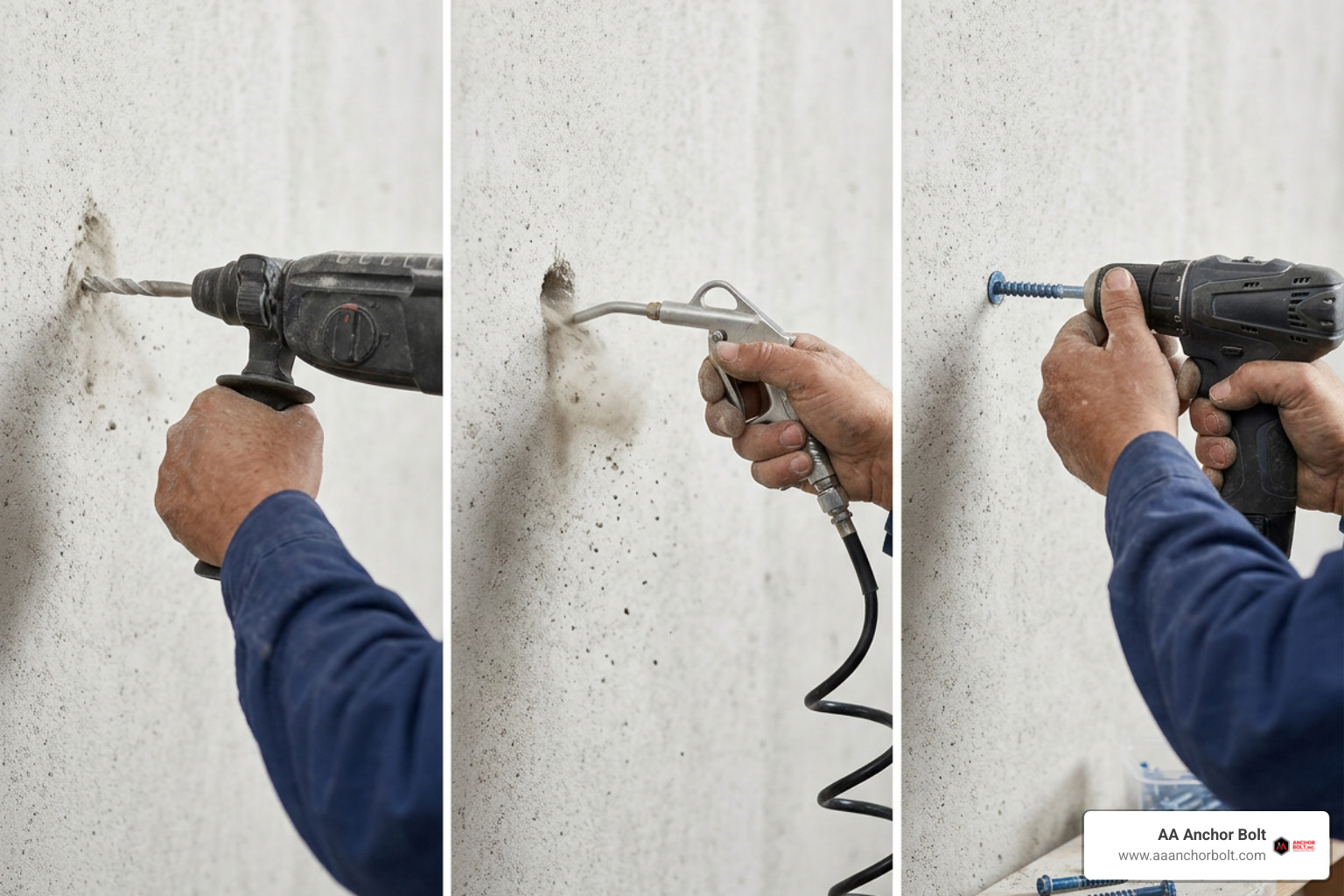 Step-by-step pilot hole drilling, dust evacuation, and anchor driving process Step-by-step pilot hole drilling, dust evacuation, and anchor driving process