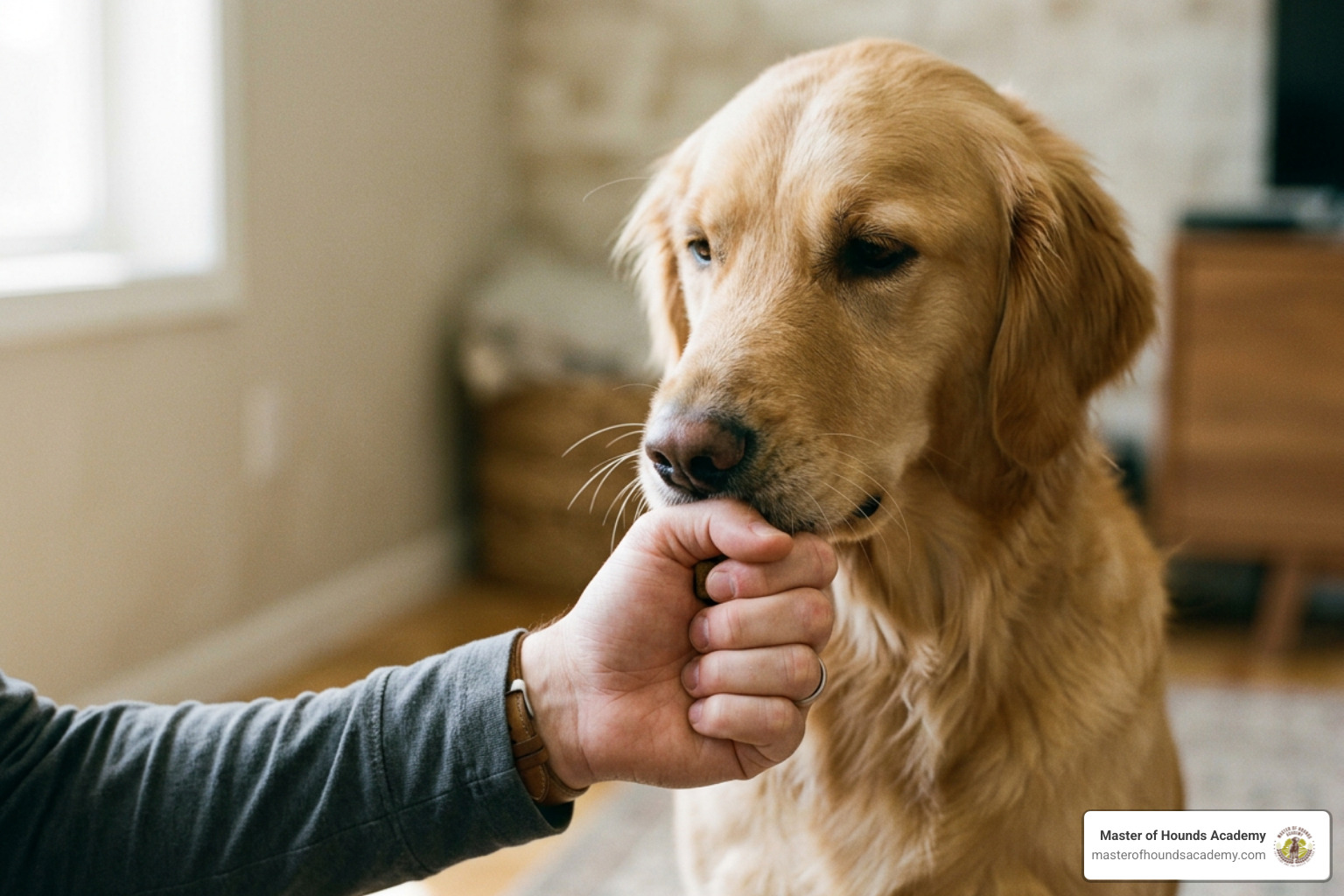 handler demonstrating closed fist treat delivery beneath a dog chin