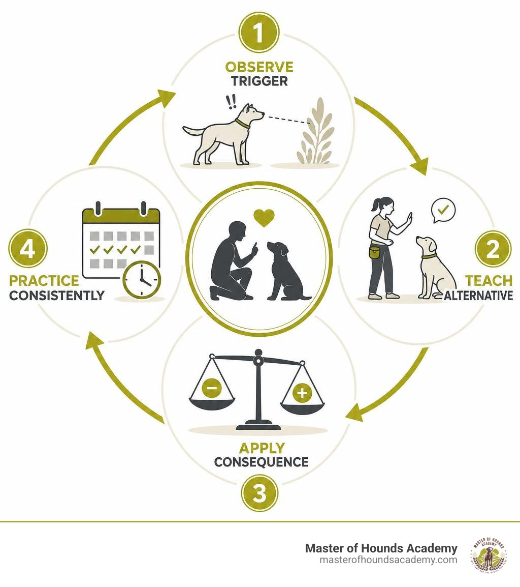Behavior training cycle: observe trigger, teach alternative, apply consequence, practice consistently infographic