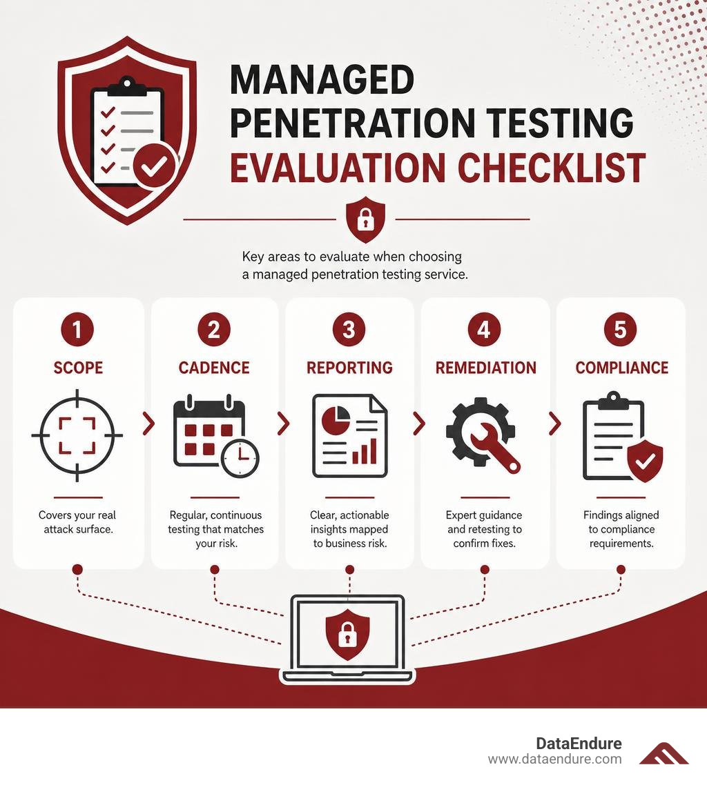 Managed penetration testing evaluation checklist: scope, cadence, reporting, remediation, compliance infographic Managed penetration testing evaluation checklist: scope, cadence, reporting, remediation, compliance infographic