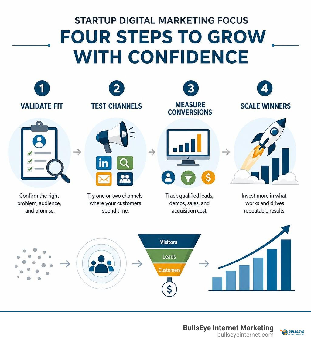 Startup digital marketing focus: validate fit, test channels, measure conversions, scale winners infographic Startup digital marketing focus: validate fit, test channels, measure conversions, scale winners infographic