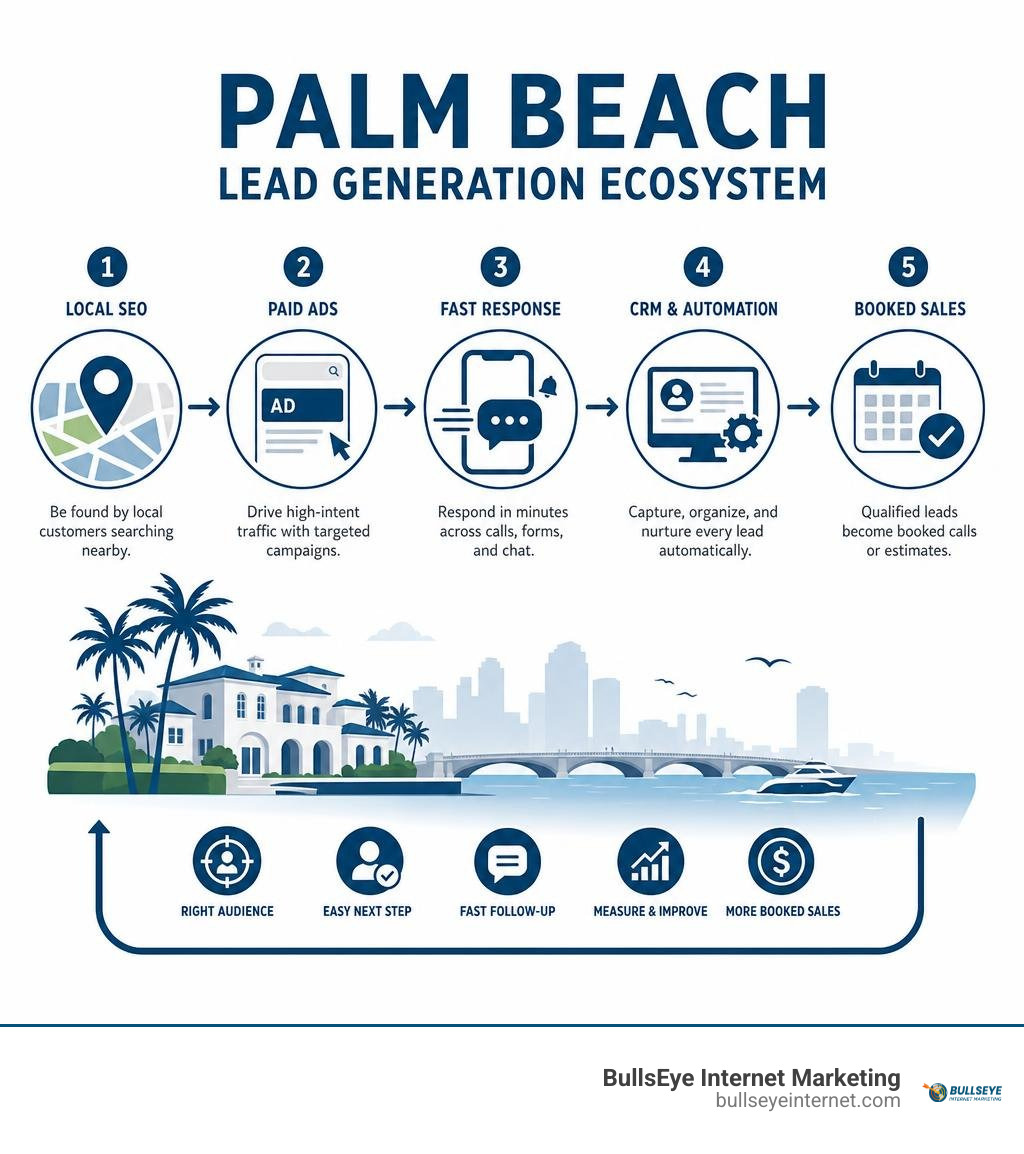 Palm Beach lead generation ecosystem: local SEO, paid ads, fast response, CRM, booked sales infographic