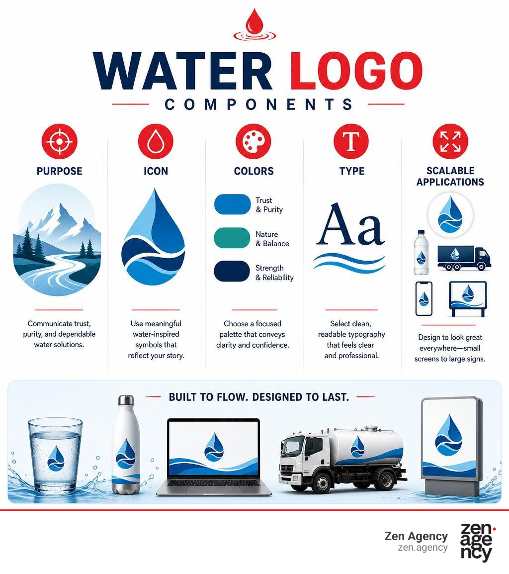 Water logo components: purpose, icon, colors, type, and scalable applications infographic Water logo components: purpose, icon, colors, type, and scalable applications infographic