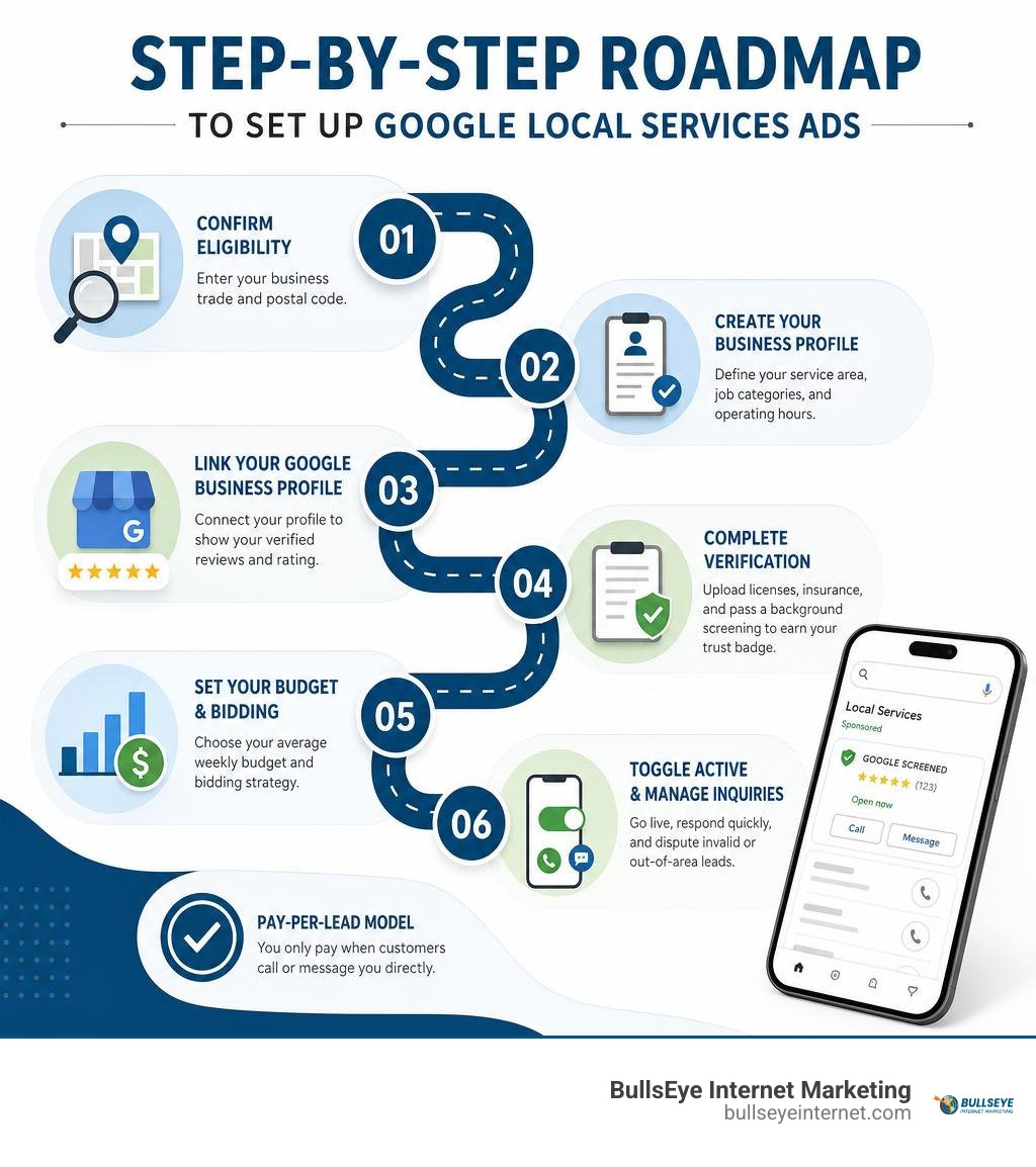 Step-by-step roadmap to set up Google Local Services Ads infographic