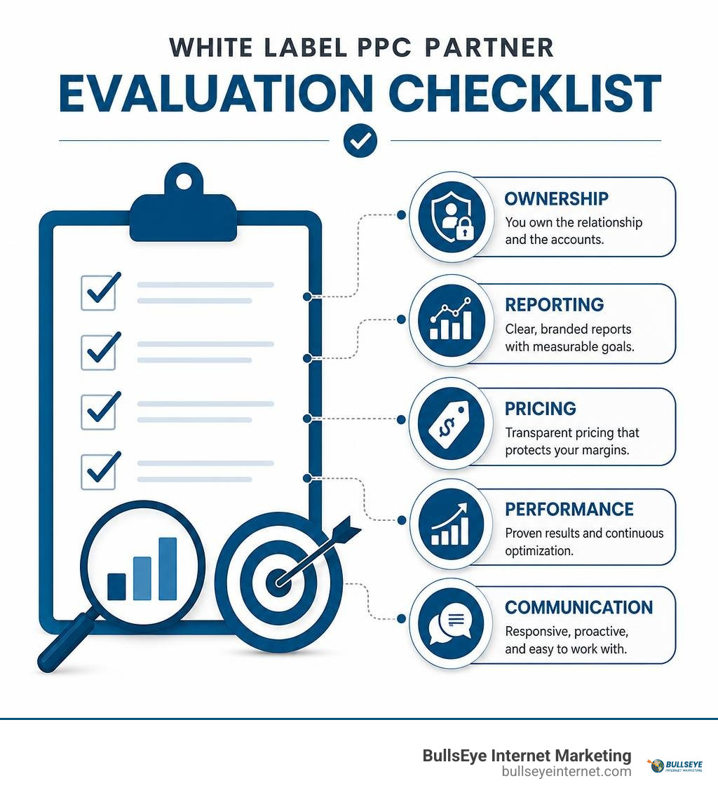 White label PPC partner evaluation checklist: ownership, reporting, pricing, performance, communication infographic