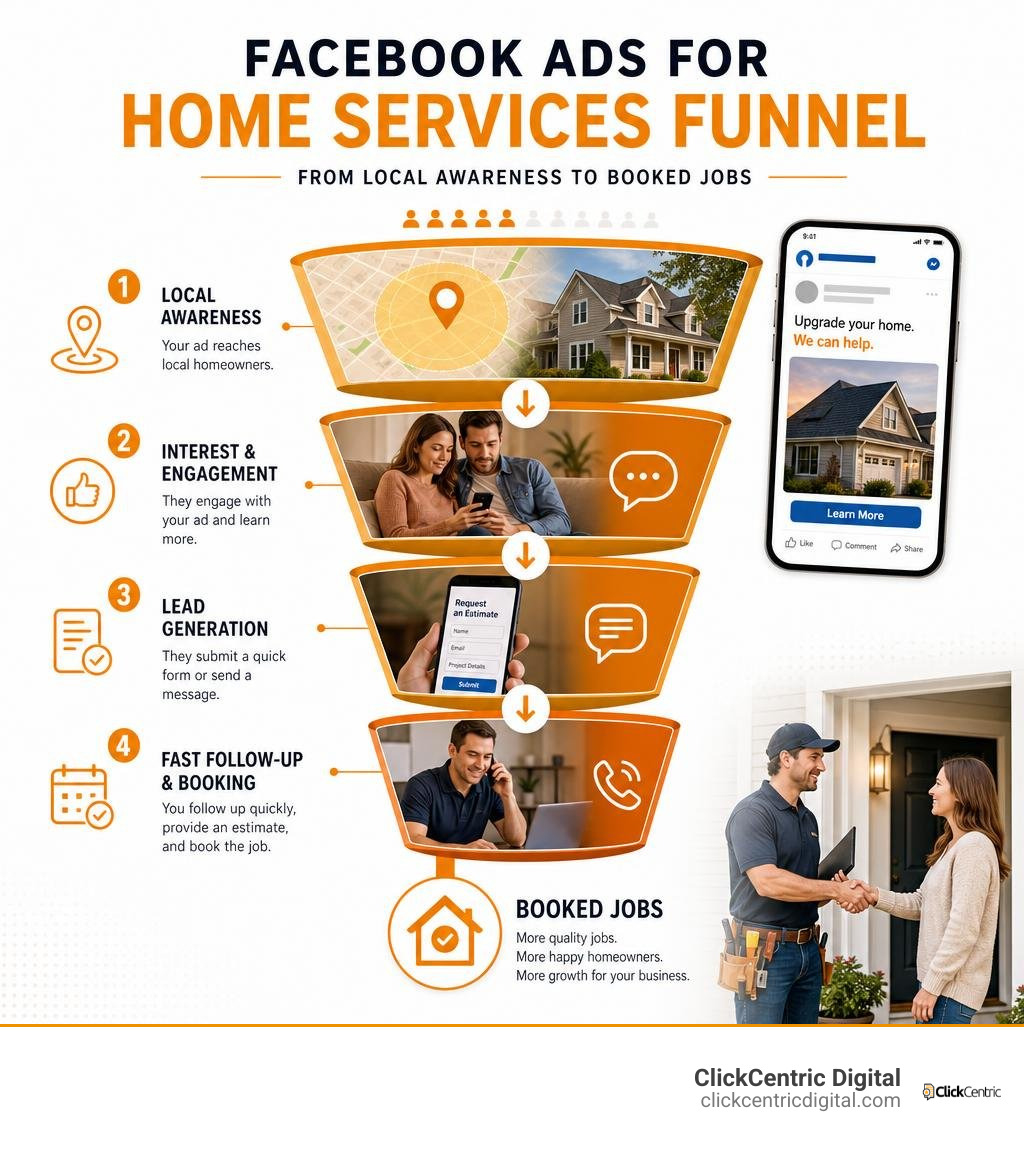 Facebook ads for home services funnel from local awareness to booked jobs infographic Facebook ads for home services funnel from local awareness to booked jobs infographic