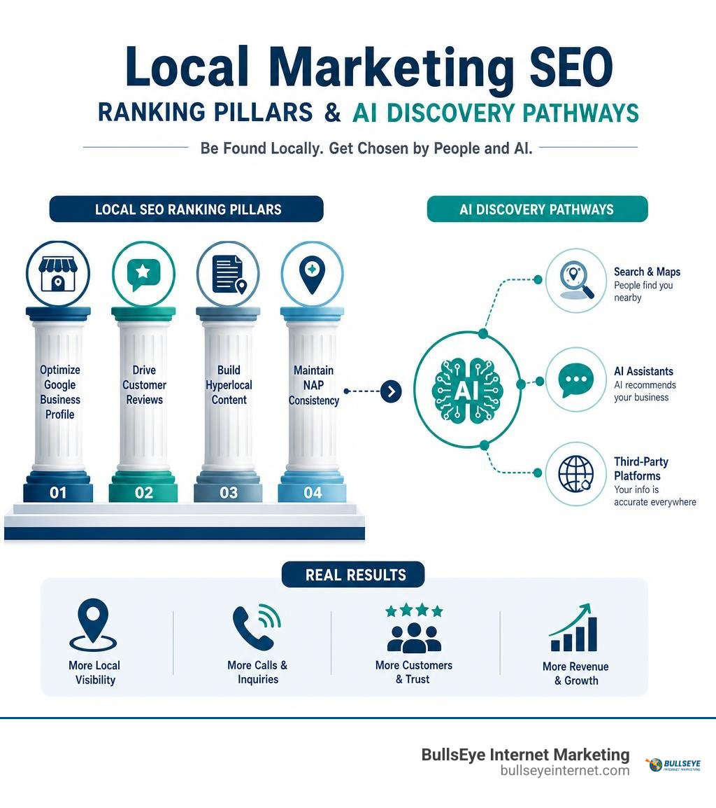 Local marketing SEO ranking pillars and AI discovery pathways infographic Local marketing SEO ranking pillars and AI discovery pathways infographic