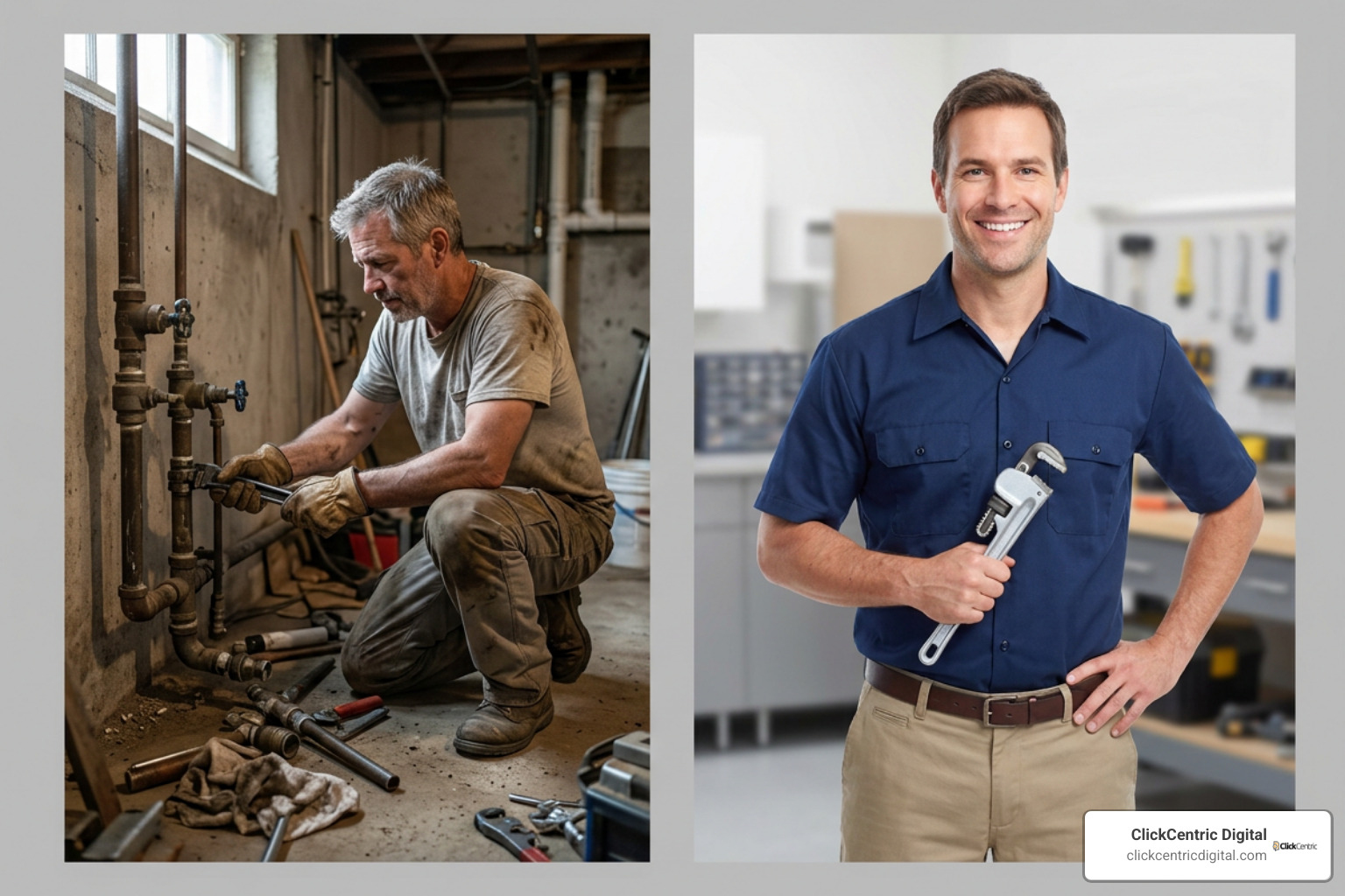 Side-by-side comparison of authentic job site photo versus generic stock photo Side-by-side comparison of authentic job site photo versus generic stock photo