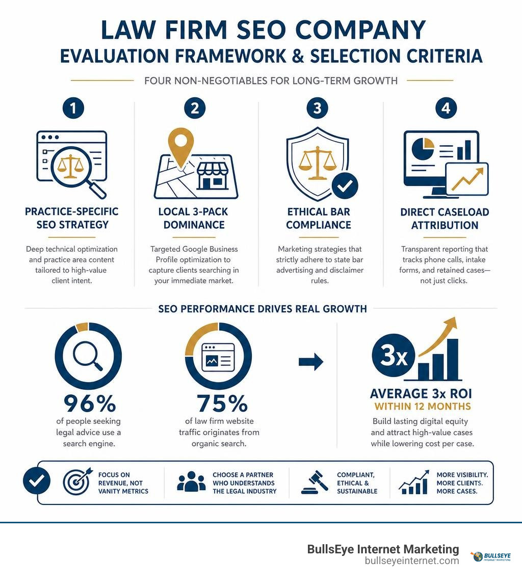 Law firm SEO company evaluation framework and selection criteria infographic