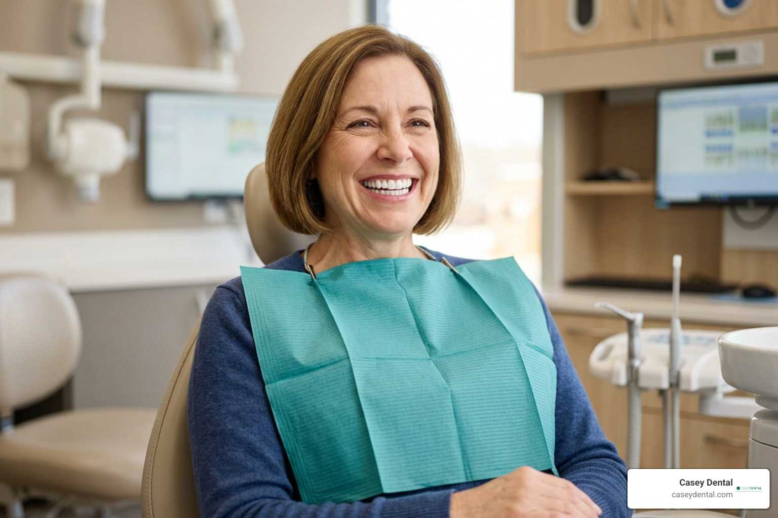 Happy patient with straight white teeth after full arch dental restoration