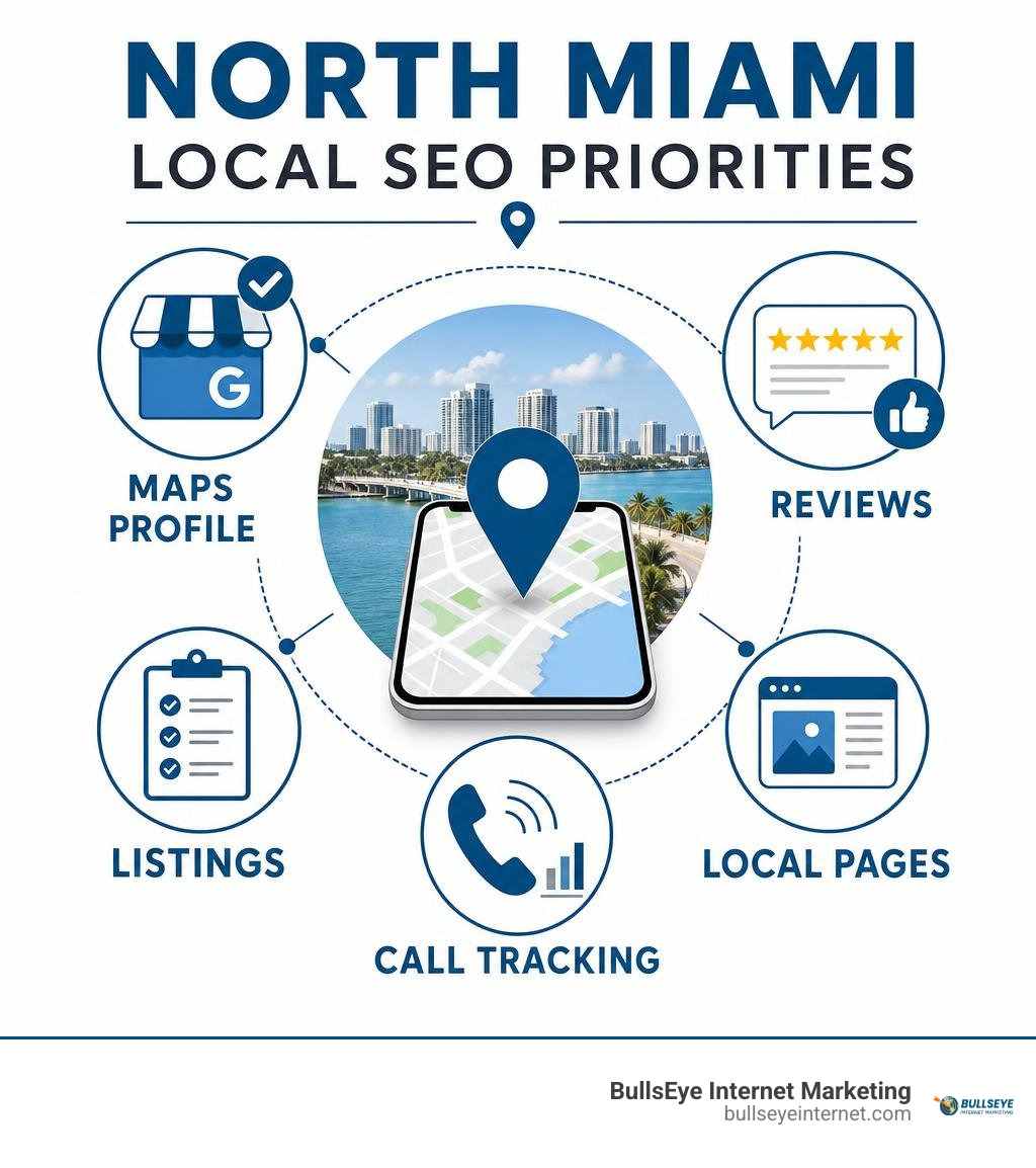 North Miami local SEO priorities: Maps profile, reviews, listings, local pages, and call tracking infographic