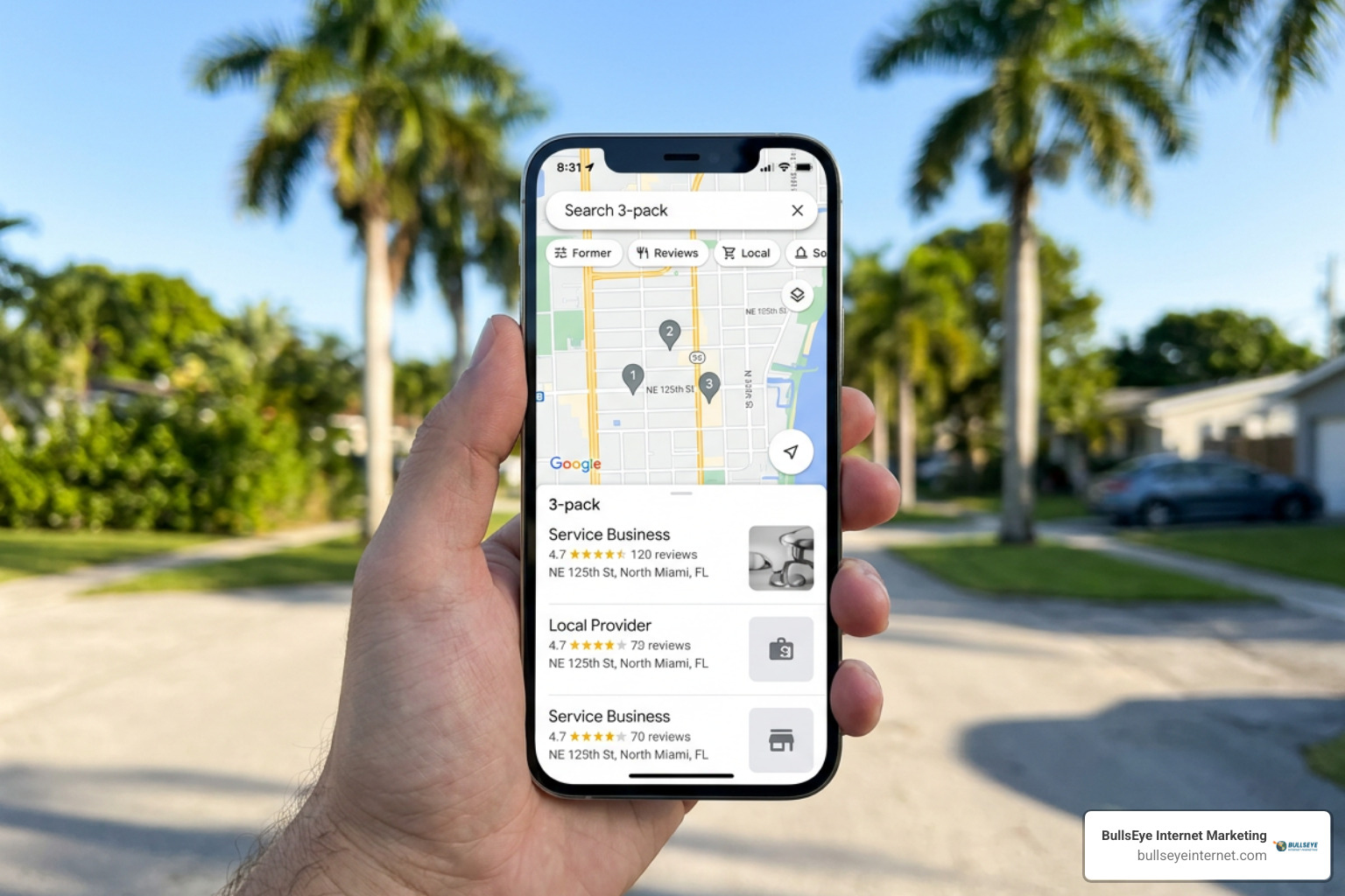 Google Maps local 3-pack search results for North Miami services