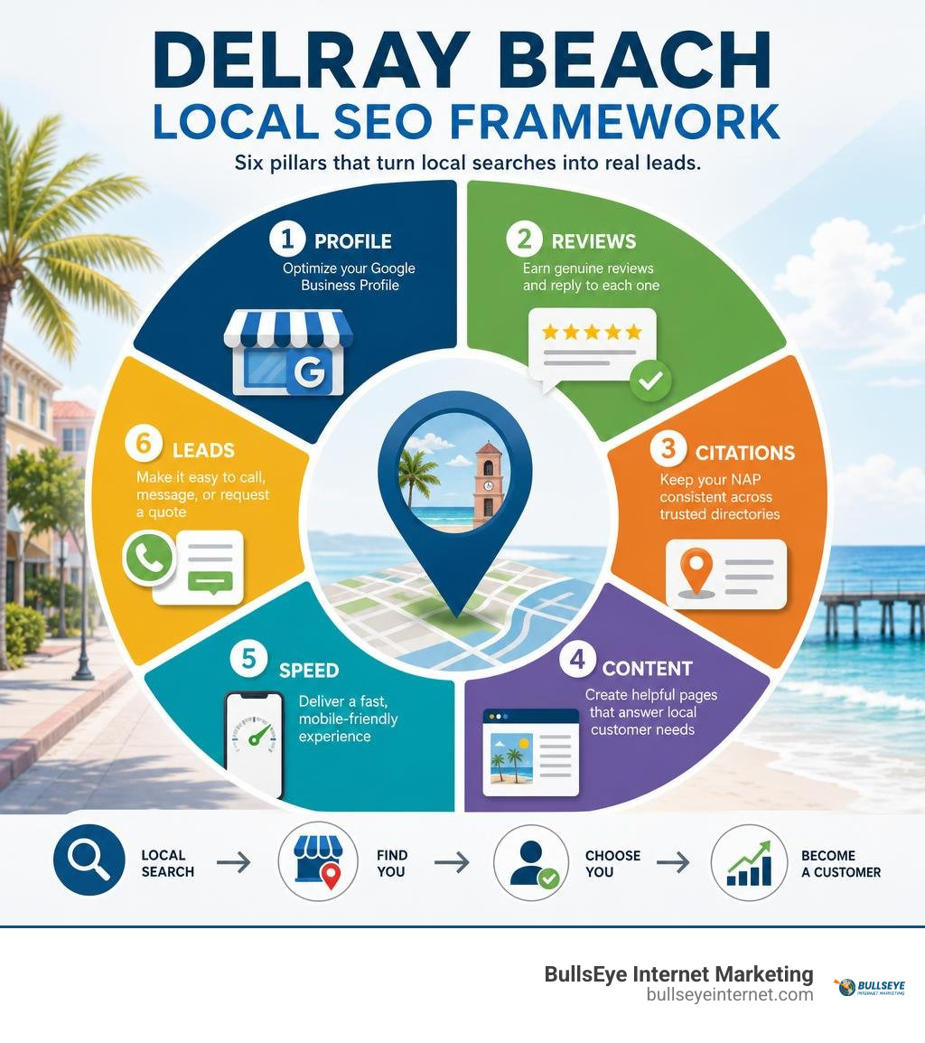 Delray Beach local SEO framework: profile, reviews, citations, content, speed, and leads infographic